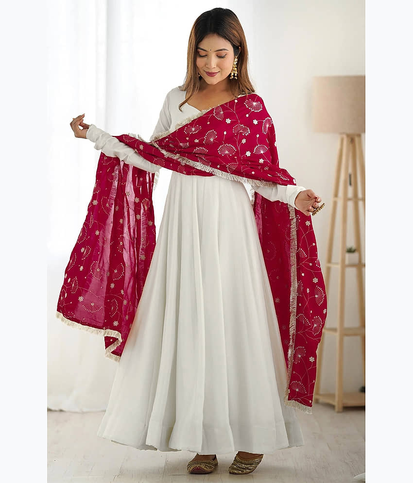 kedar fab White Anarkali Georgette Women's Stitched Ethnic Gown ( Pack of 1 ) - Unstitched Fabrics | Buy online on ZillyBuy