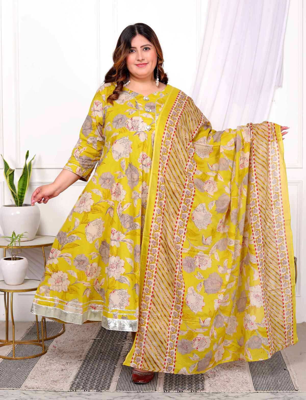 miravan Pack of 1 Cotton Printed Anarkali Women's Kurti - ( Yellow ) miravan Pack of 1 Cotton Printed Anarkali Women's Kurti - ( Yellow )