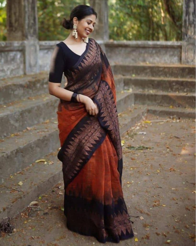 roop lavanya Cotton Silk Woven Saree With Unstitched Blouse Piece ( Orange,Black ) - Sarees | Buy online on ZillyBuy