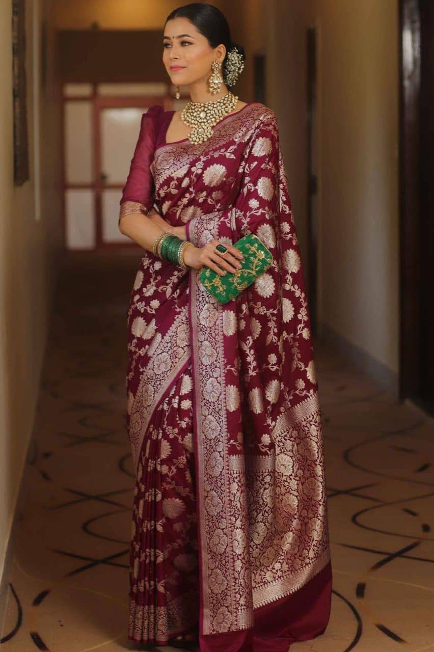 roop lavanya Kanjivaram Silk Woven Saree With Unstitched Blouse Piece ( Wine ) - Sarees | Buy online on ZillyBuy