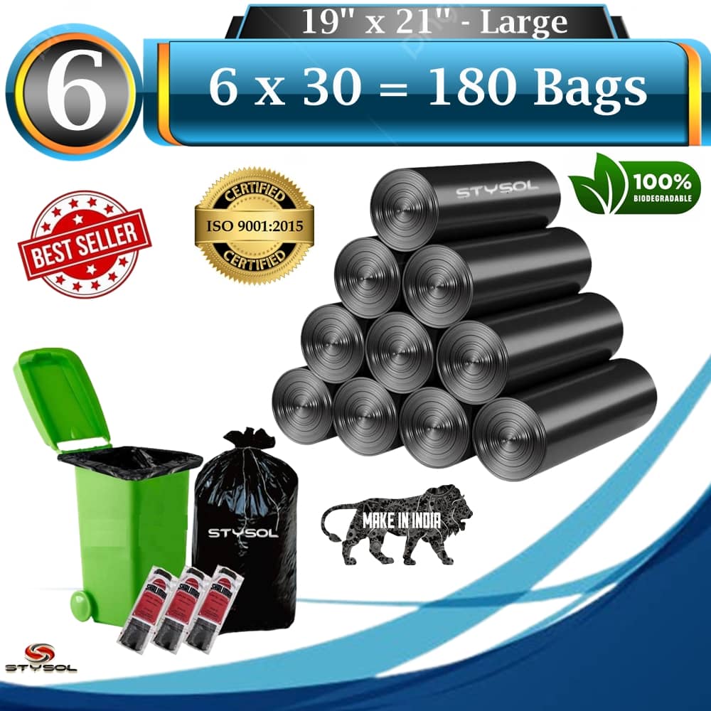 180 Bags (6 Rolls) Premium Biodegradable Garbage Bags 19 X 21 Inches (Medium Size)  Dustbin Bag/Trash Bag - Black Color