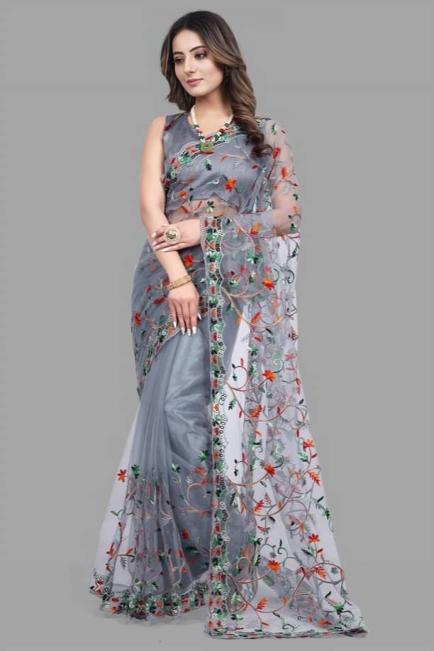 A TO Z CART Net Embroidered Saree With Unstitched Blouse Piece ( Grey ) A TO Z CART Net Embroidered Saree With Unstitched Blouse Piece ( Grey )