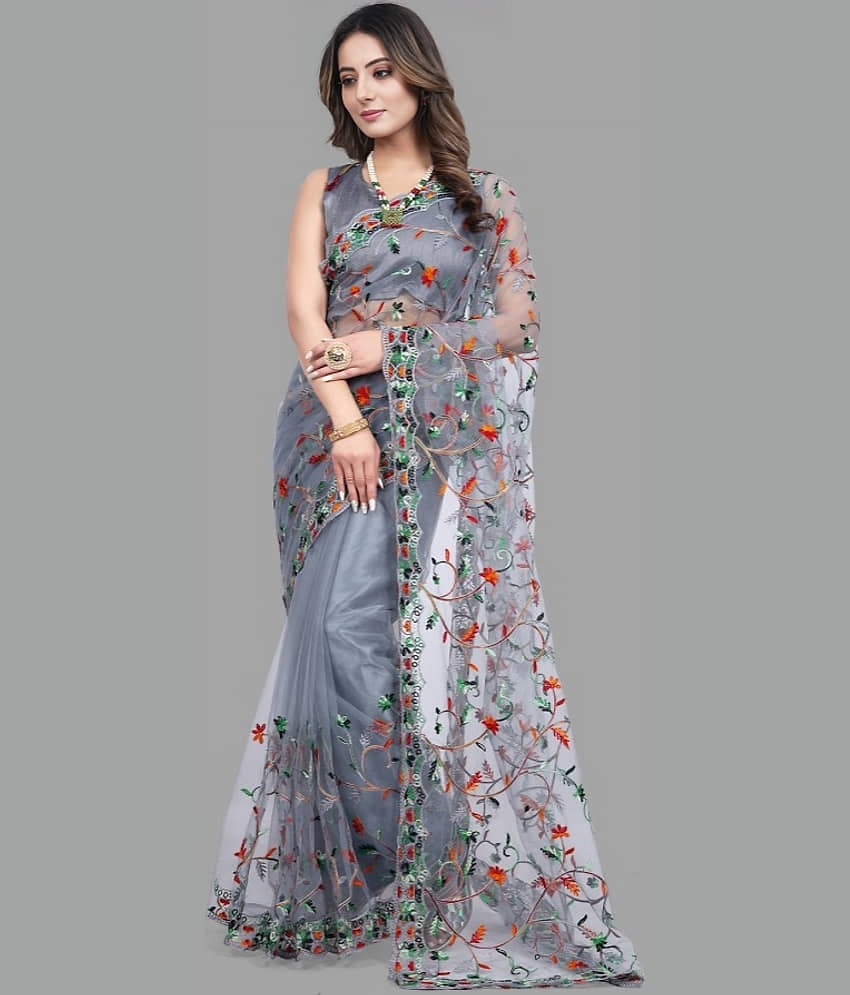 A TO Z CART Net Embroidered Saree With Unstitched Blouse Piece ( Grey ) - Sarees | Buy online on ZillyBuy