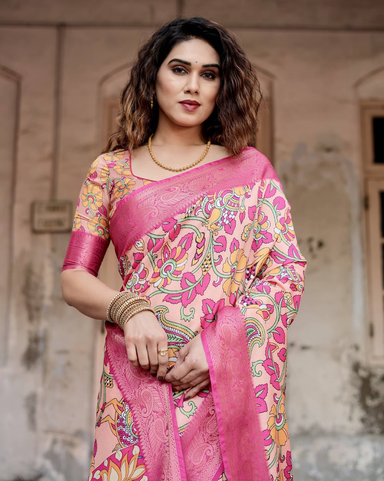 Almaari Fashion Cotton Silk Printed Saree With Unstitched Blouse Piece ( Pink ) - Sarees | Buy online on ZillyBuy