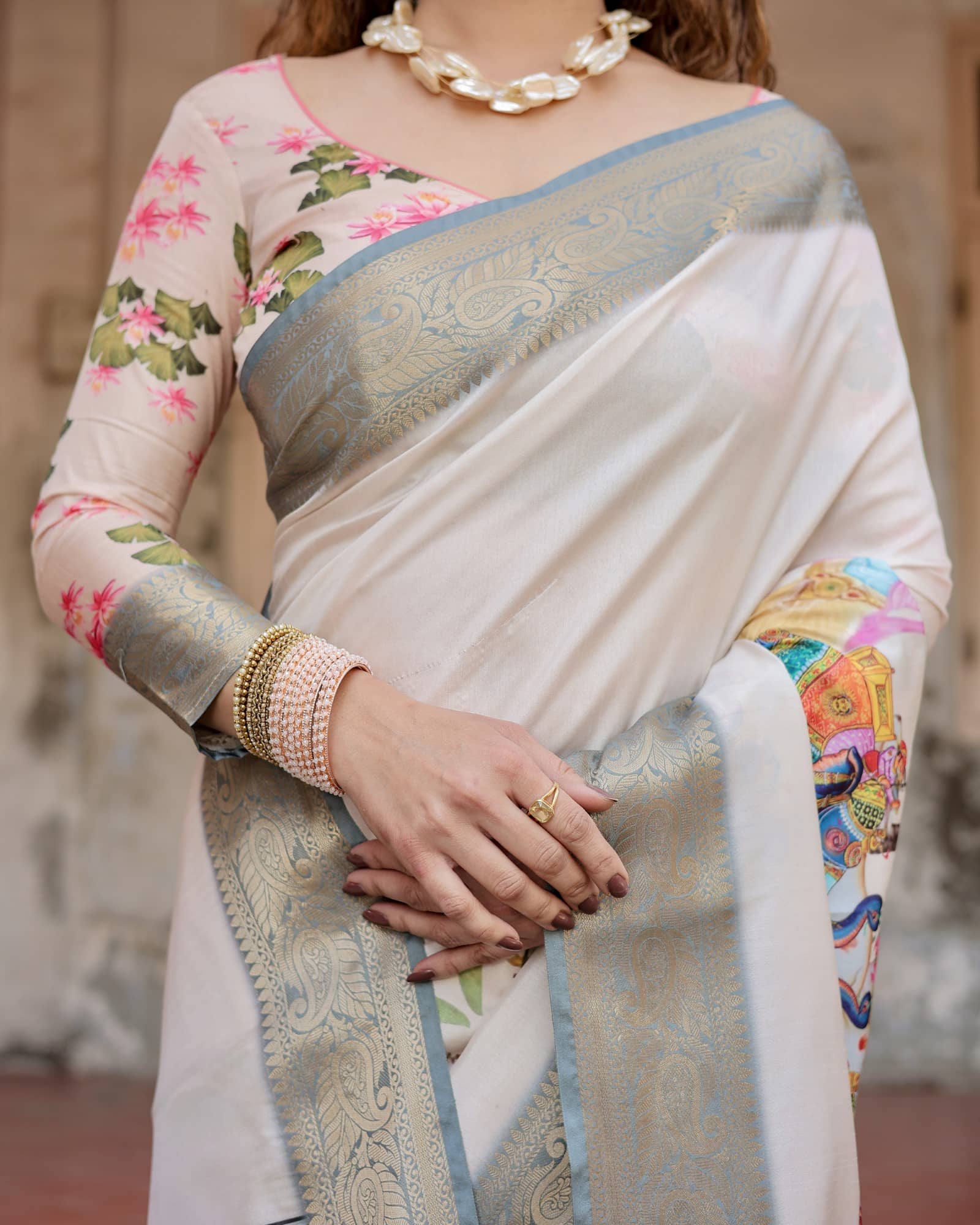 Almaari Fashion Cotton Silk Printed Saree With Unstitched Blouse Piece ( White ) - Sarees | Buy online on ZillyBuy