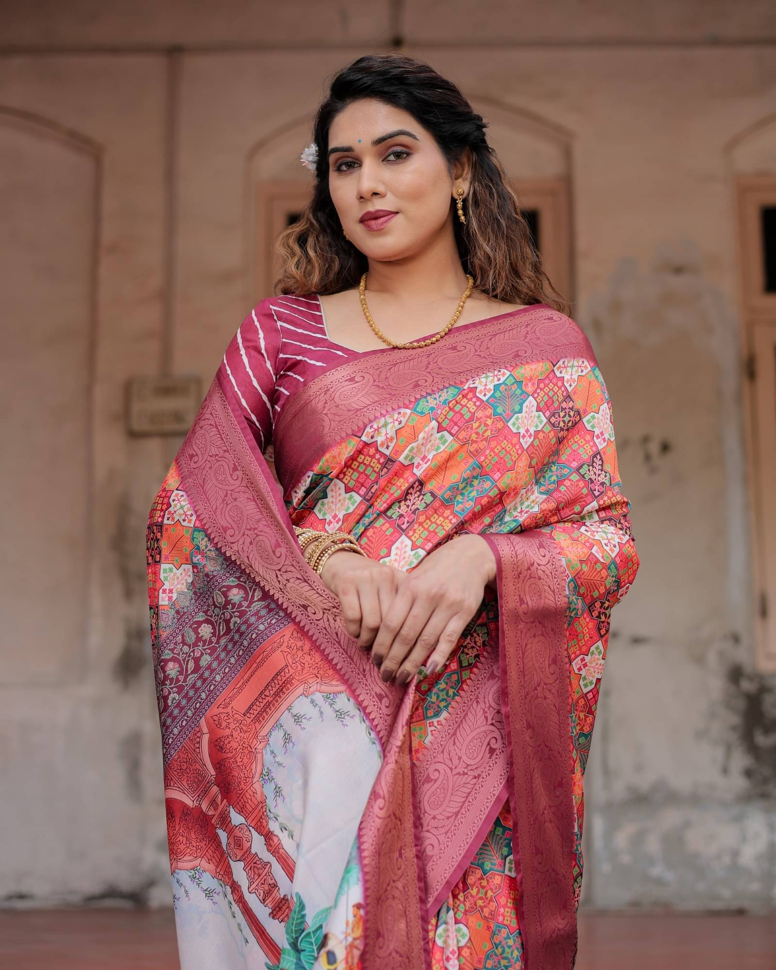     			Almaari Fashion Cotton Silk Printed Saree With Unstitched Blouse Piece ( Multicolor )