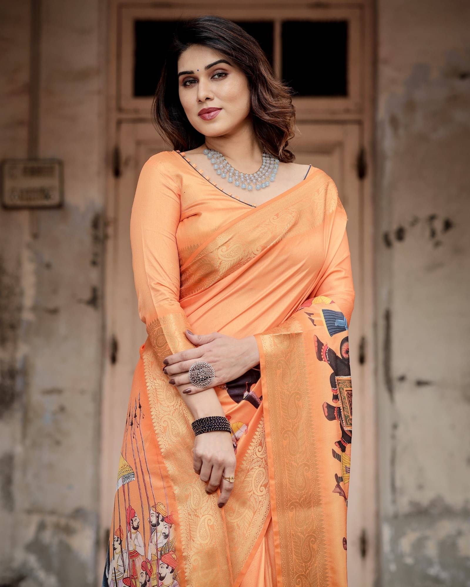     			Almaari Fashion Cotton Silk Printed Saree With Unstitched Blouse Piece ( Orange )