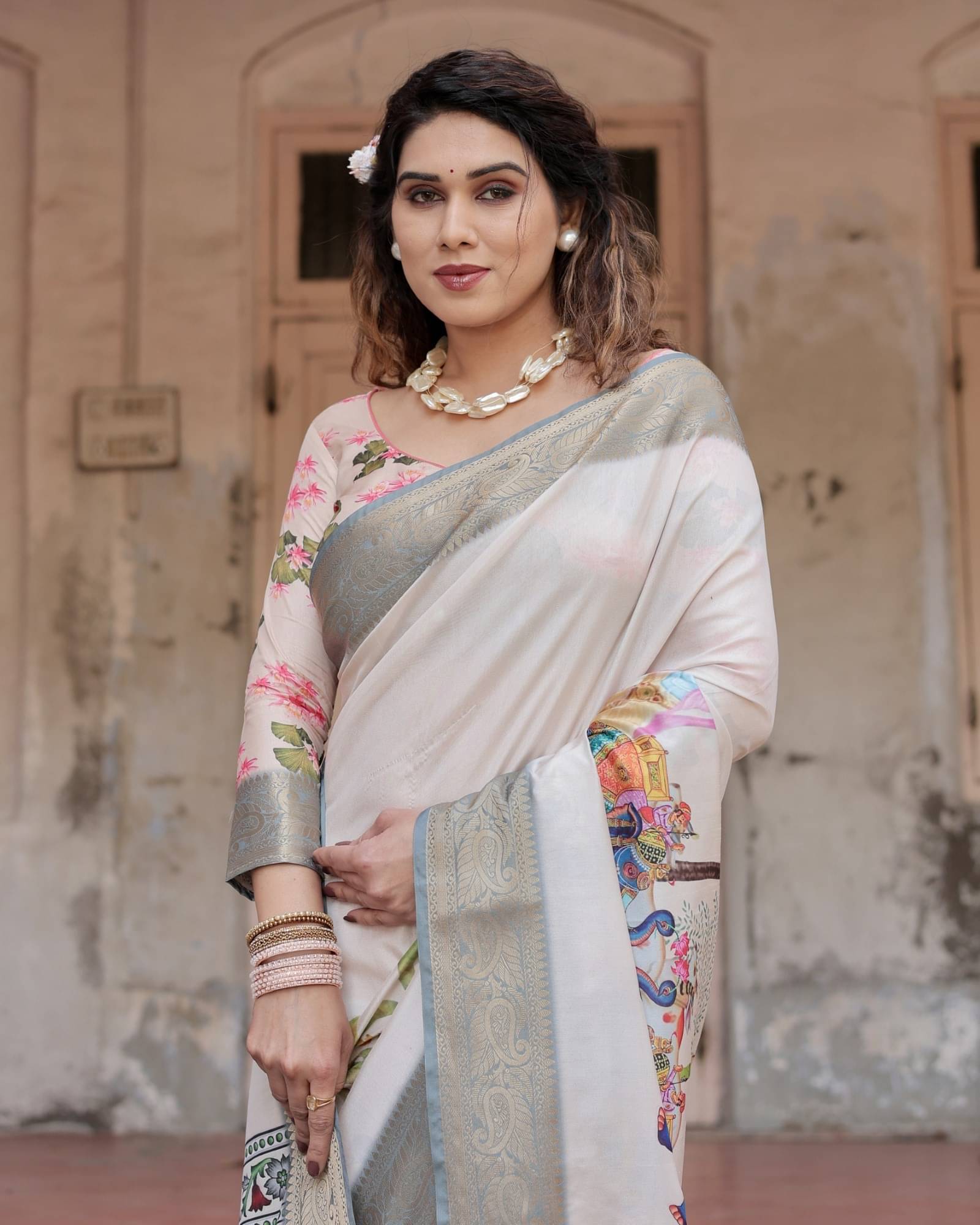 Almaari Fashion Cotton Silk Printed Saree With Unstitched Blouse Piece ( White ) Almaari Fashion Cotton Silk Printed Saree With Unstitched Blouse Piece ( White )