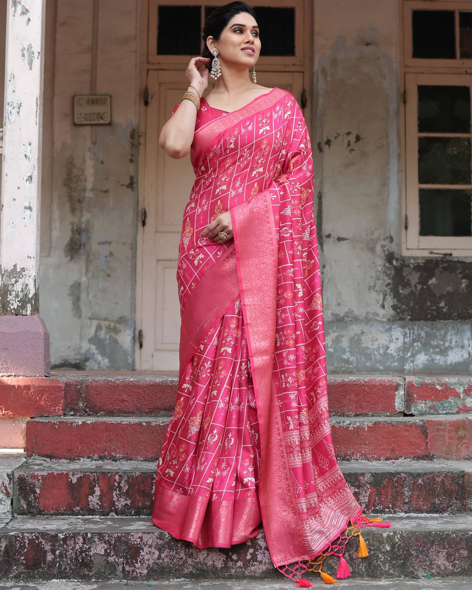     			Almaari Fashion Cotton Silk Printed Saree With Unstitched Blouse Piece ( Pink )