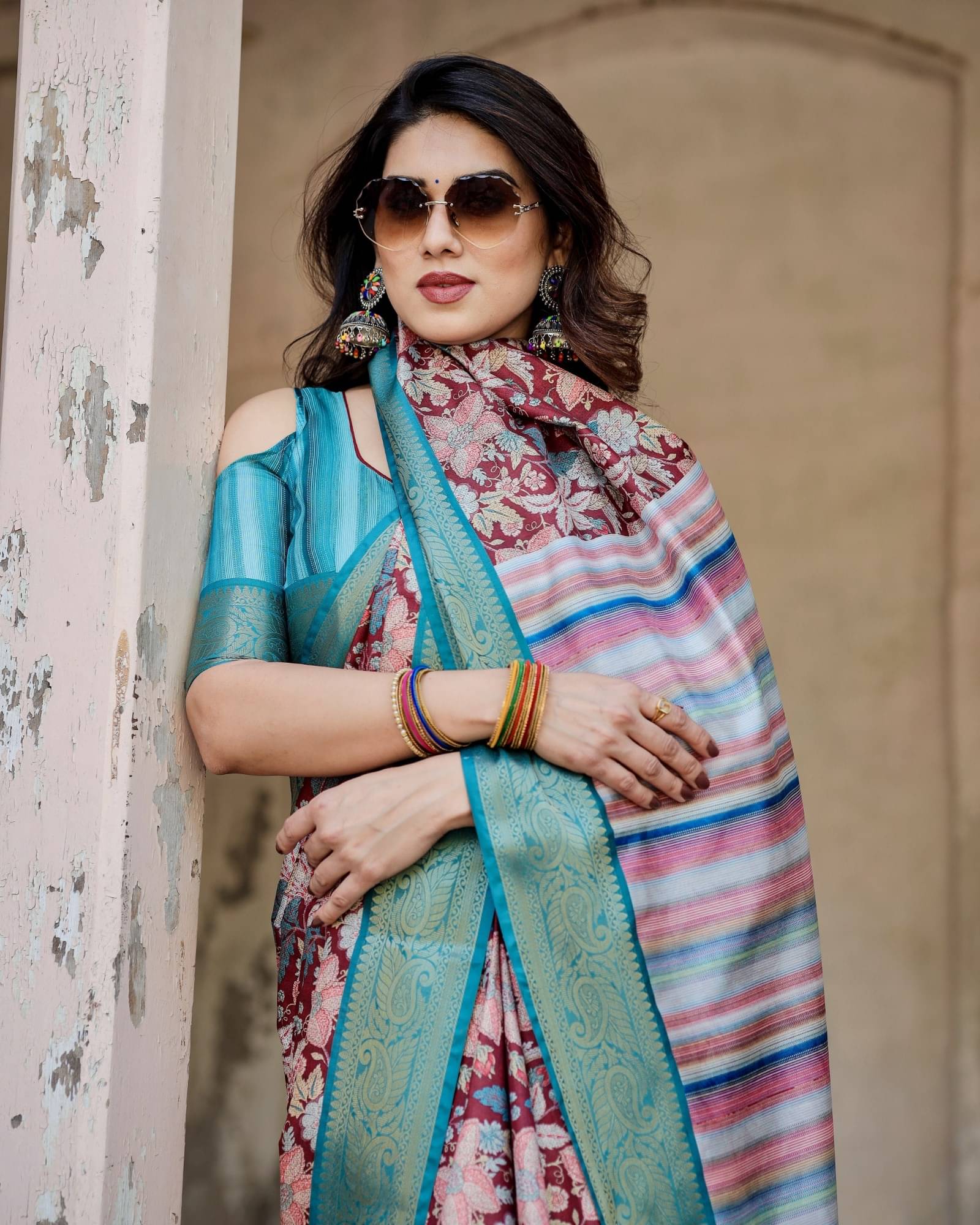     			Almaari Fashion Cotton Silk Printed Saree With Unstitched Blouse Piece ( Maroon )