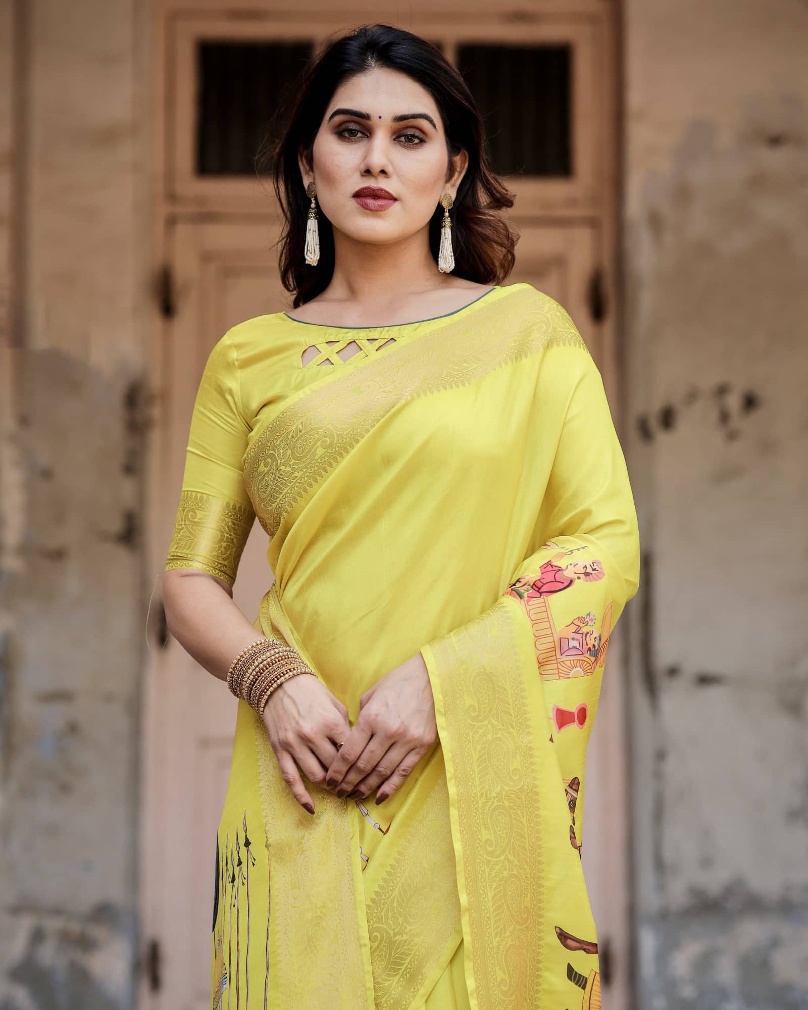 Almaari Fashion Cotton Silk Printed Saree With Unstitched Blouse Piece ( Yellow ) - Sarees | Buy online on ZillyBuy