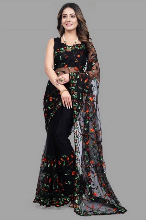 Aika Net Embroidered Saree With Unstitched Blouse Piece ( Black ) Aika Net Embroidered Saree With Unstitched Blouse Piece ( Black )