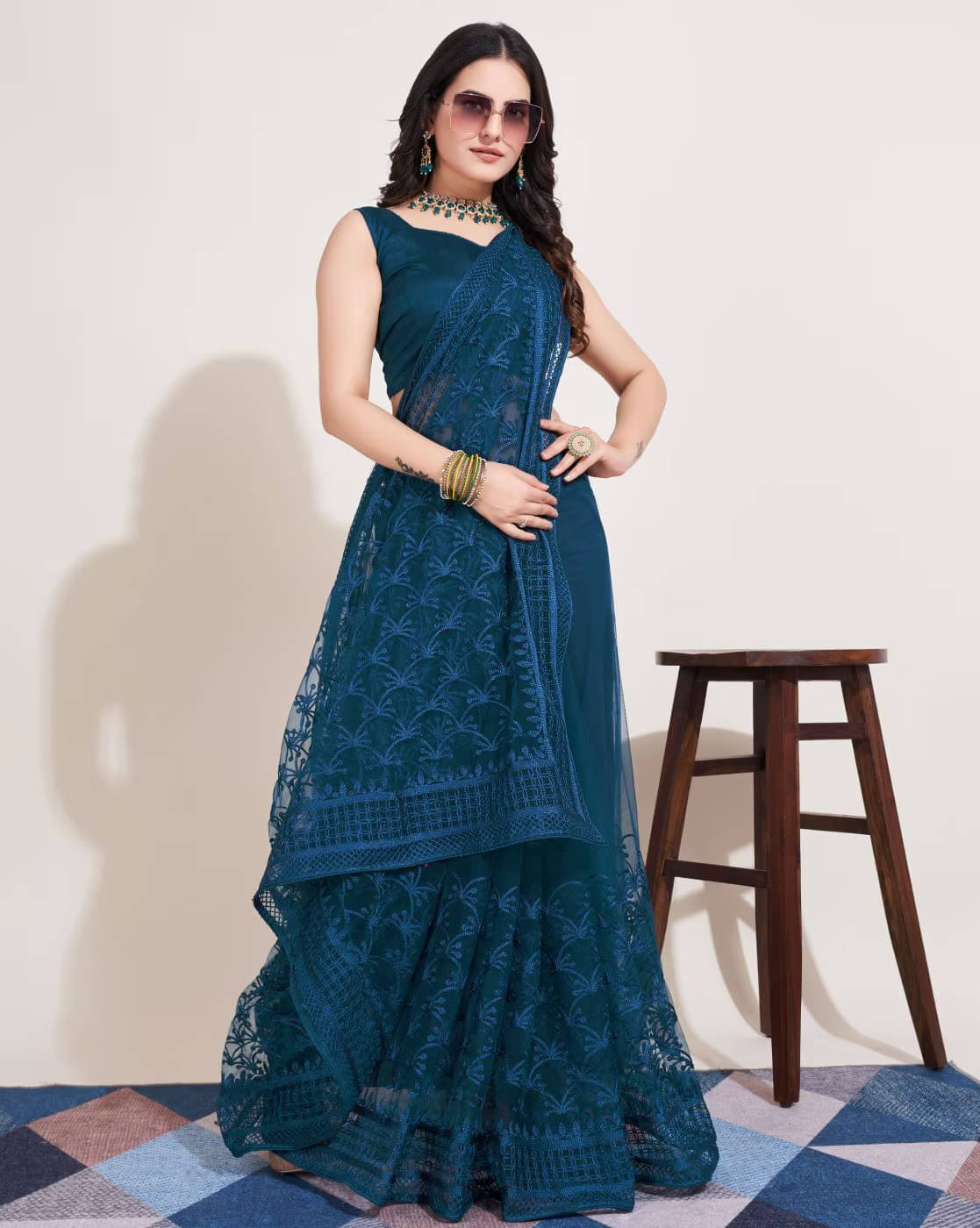 Aika Net Embroidered Saree With Unstitched Blouse Piece ( Teal ) Aika Net Embroidered Saree With Unstitched Blouse Piece ( Teal )