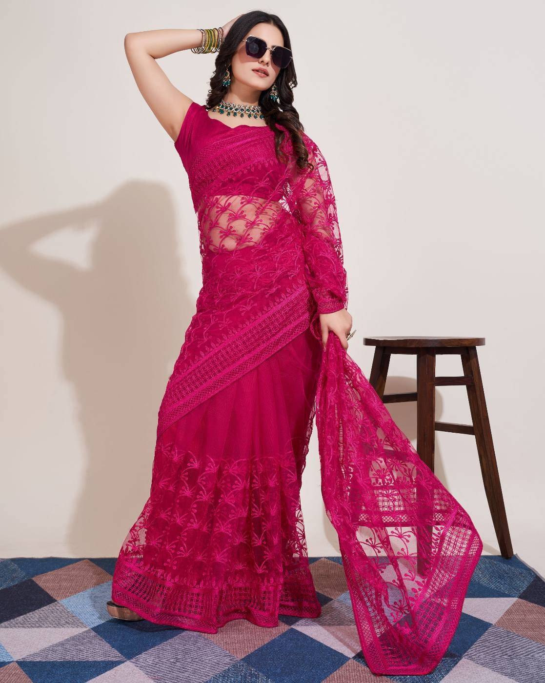 Aika Net Embroidered Saree With Unstitched Blouse Piece ( Rani ) Aika Net Embroidered Saree With Unstitched Blouse Piece ( Rani )