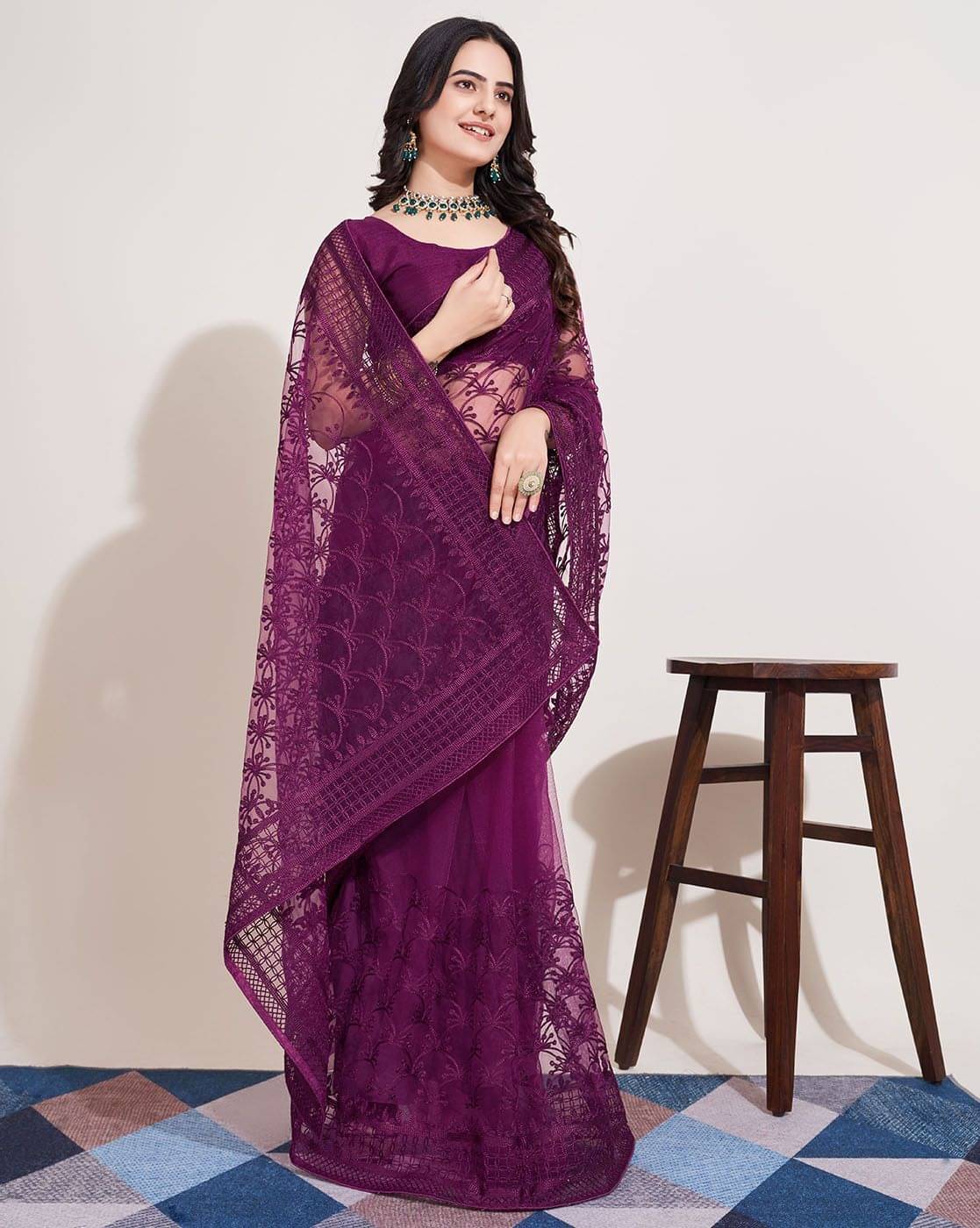    			Aika Net Embroidered Saree With Unstitched Blouse Piece ( Wine )