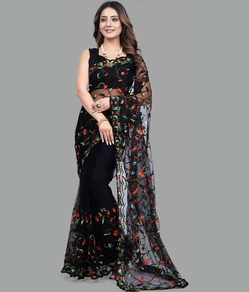 Apnisha Net Embroidered Saree With Unstitched Blouse Piece ( Black ) - Sarees | Buy online on ZillyBuy