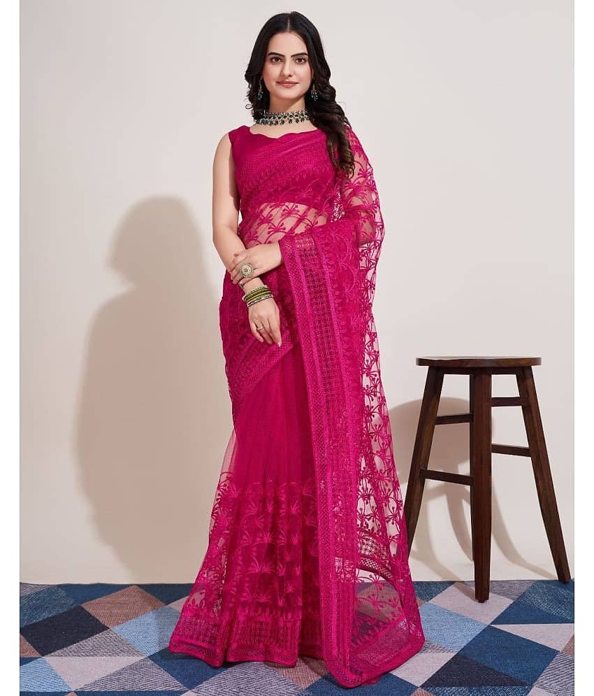 Apnisha Net Embroidered Saree With Unstitched Blouse Piece ( Rani ) - Sarees | Buy online on ZillyBuy