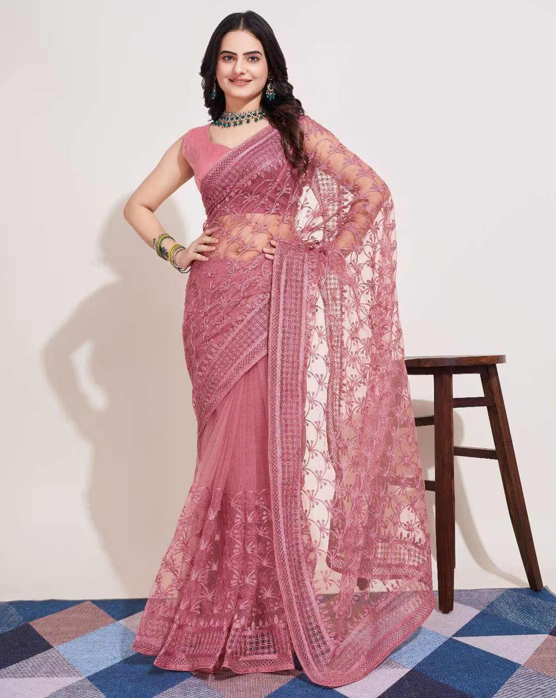 Apnisha Net Embroidered Saree With Unstitched Blouse Piece ( Peach ) Apnisha Net Embroidered Saree With Unstitched Blouse Piece ( Peach )