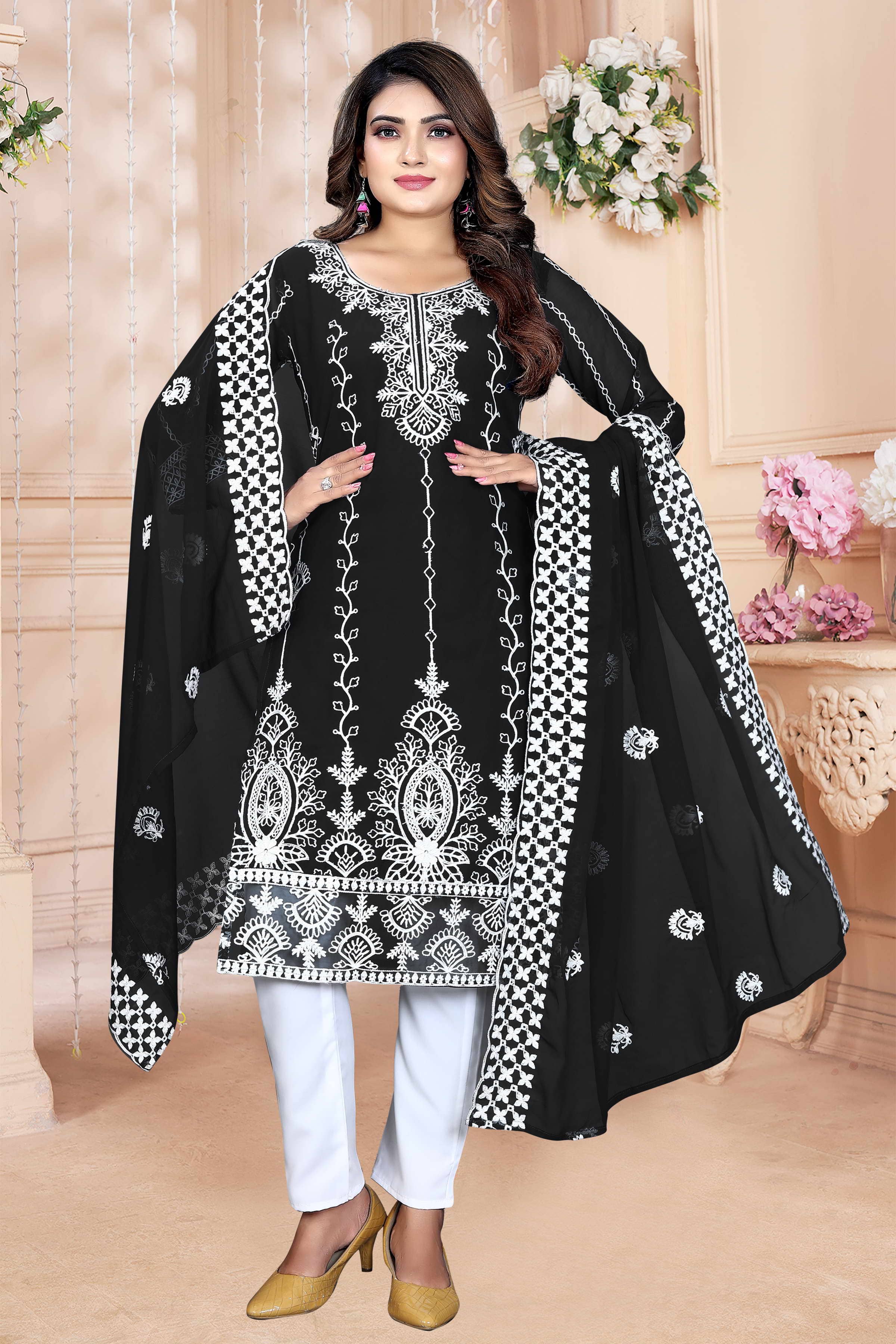 Choice Fashion Georgette Embroidered Kurti With Pants Women's Stitched Salwar Suit - Black ( Pack of 1 )