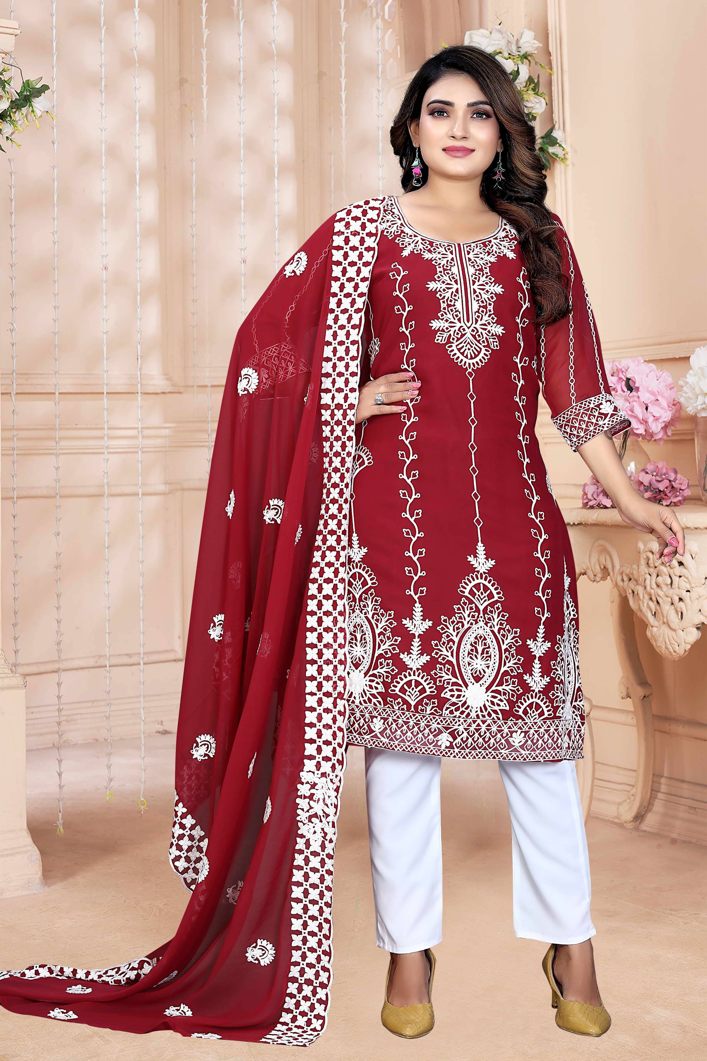 Choice Fashion Georgette Embroidered Kurti With Pants Women's Stitched Salwar Suit - Red ( Pack of 1 ) Choice Fashion Georgette Embroidered Kurti With Pants Women's Stitched Salwar Suit - Red ( Pack of 1 )