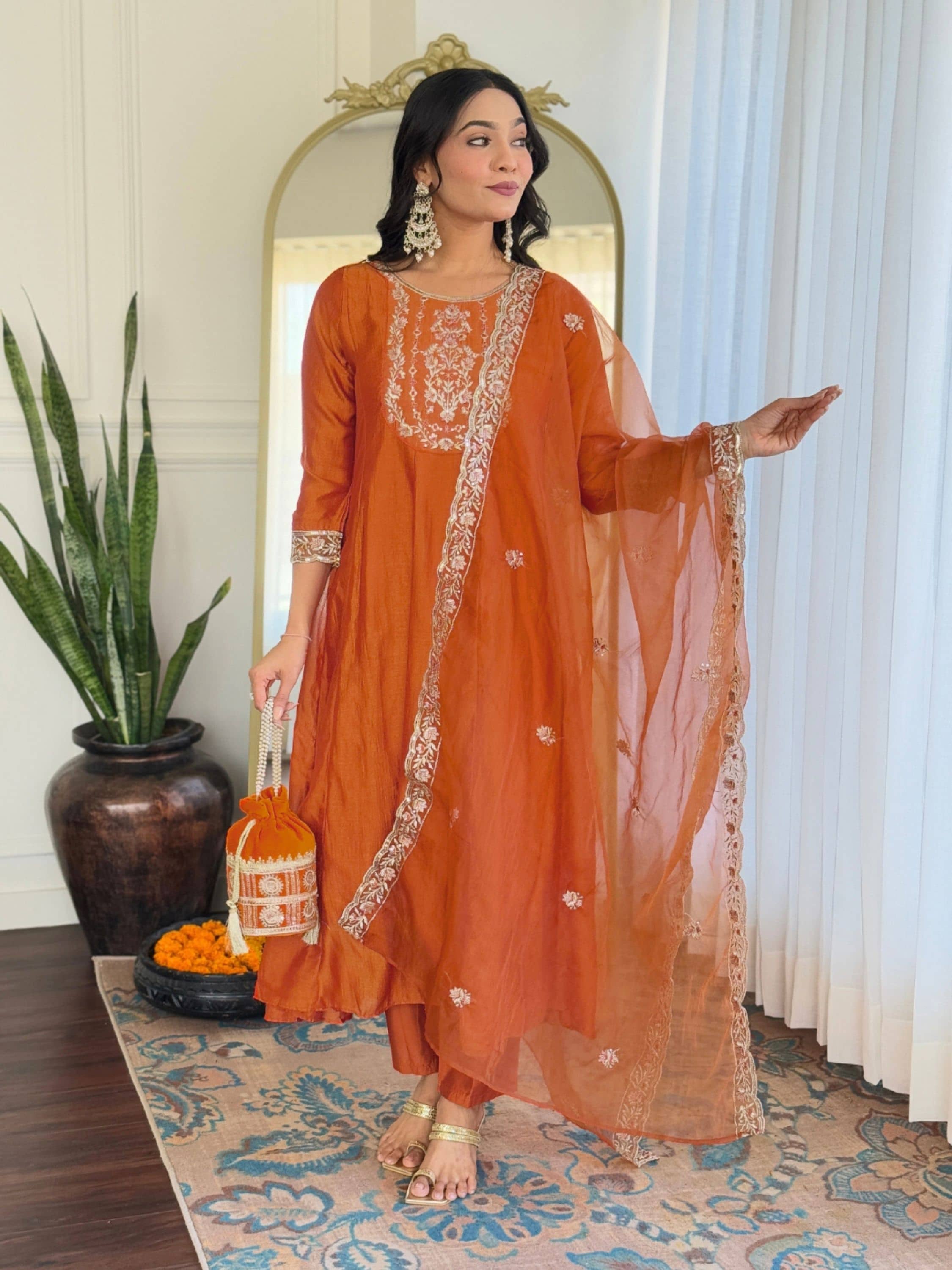 Eeloo Silk Embroidered Kurti With Pants Women's Stitched Salwar Suit - Orange ( Pack of 1 )