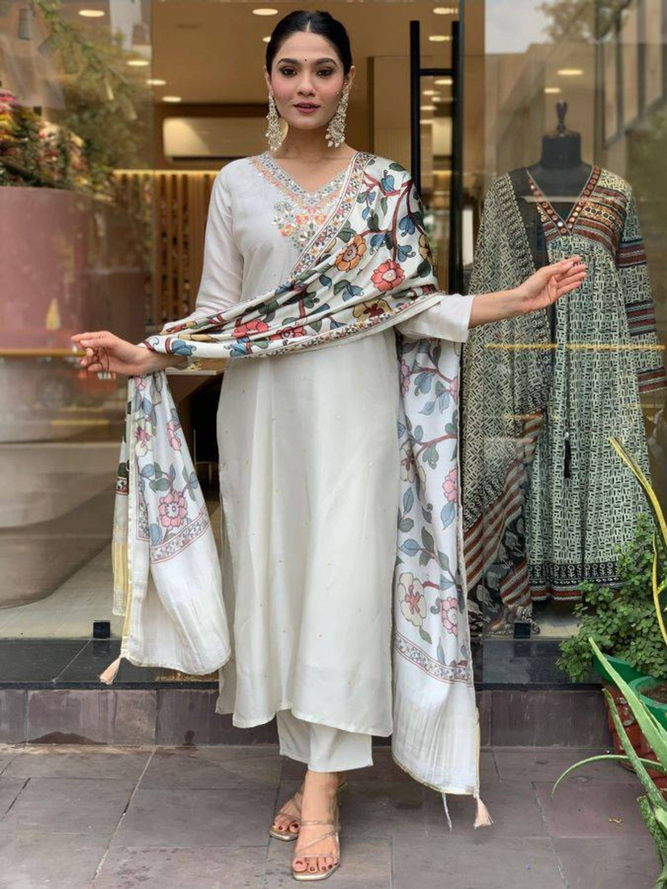 Eeloo Viscose Embroidered Kurti With Pants Women's Stitched Salwar Suit - Off White ( Pack of 1 ) Eeloo Viscose Embroidered Kurti With Pants Women's Stitched Salwar Suit - Off White ( Pack of 1 )