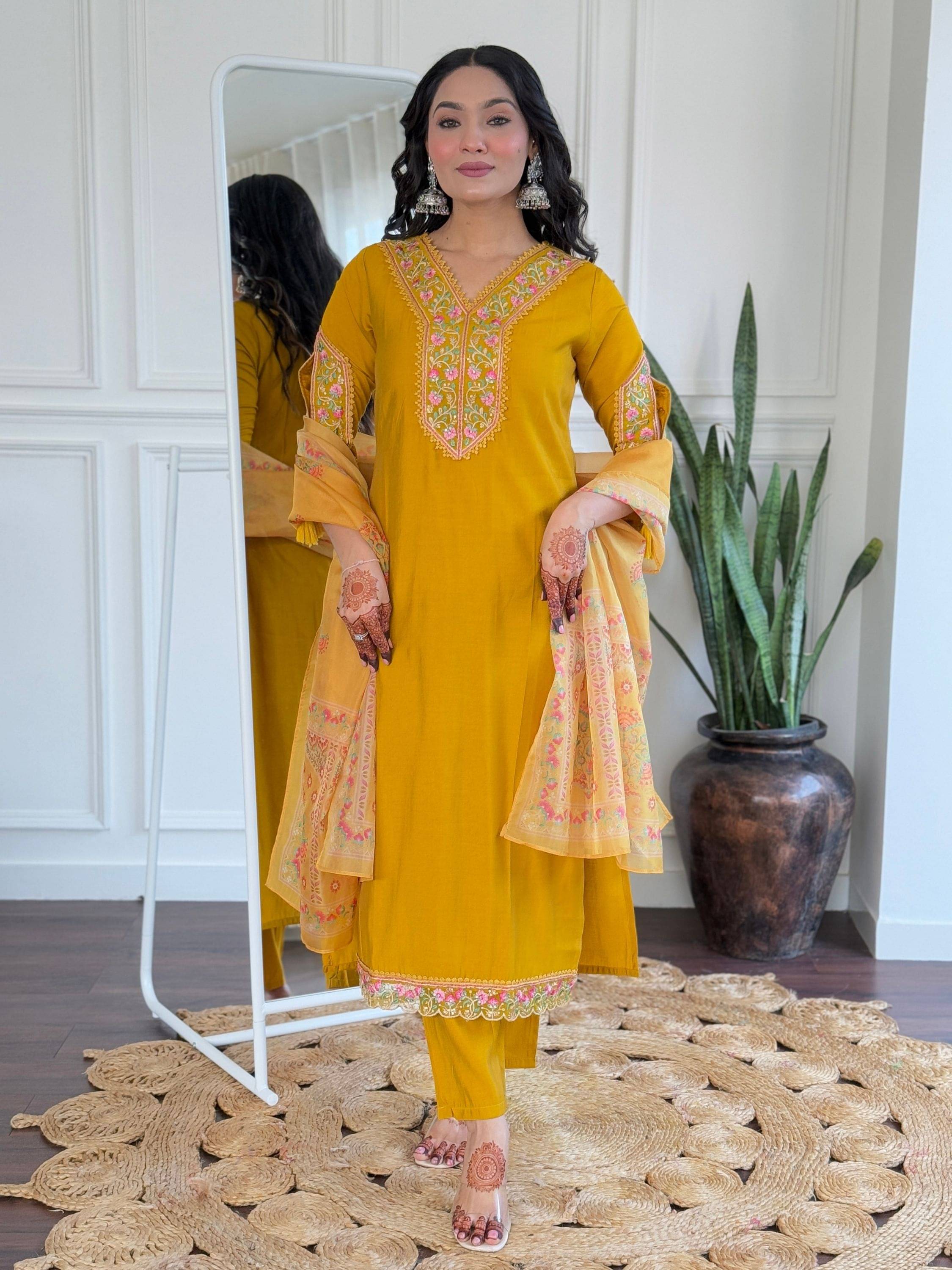     			Eeloo Viscose Embroidered Kurti With Pants Women's Stitched Salwar Suit - Mustard ( Pack of 1 )