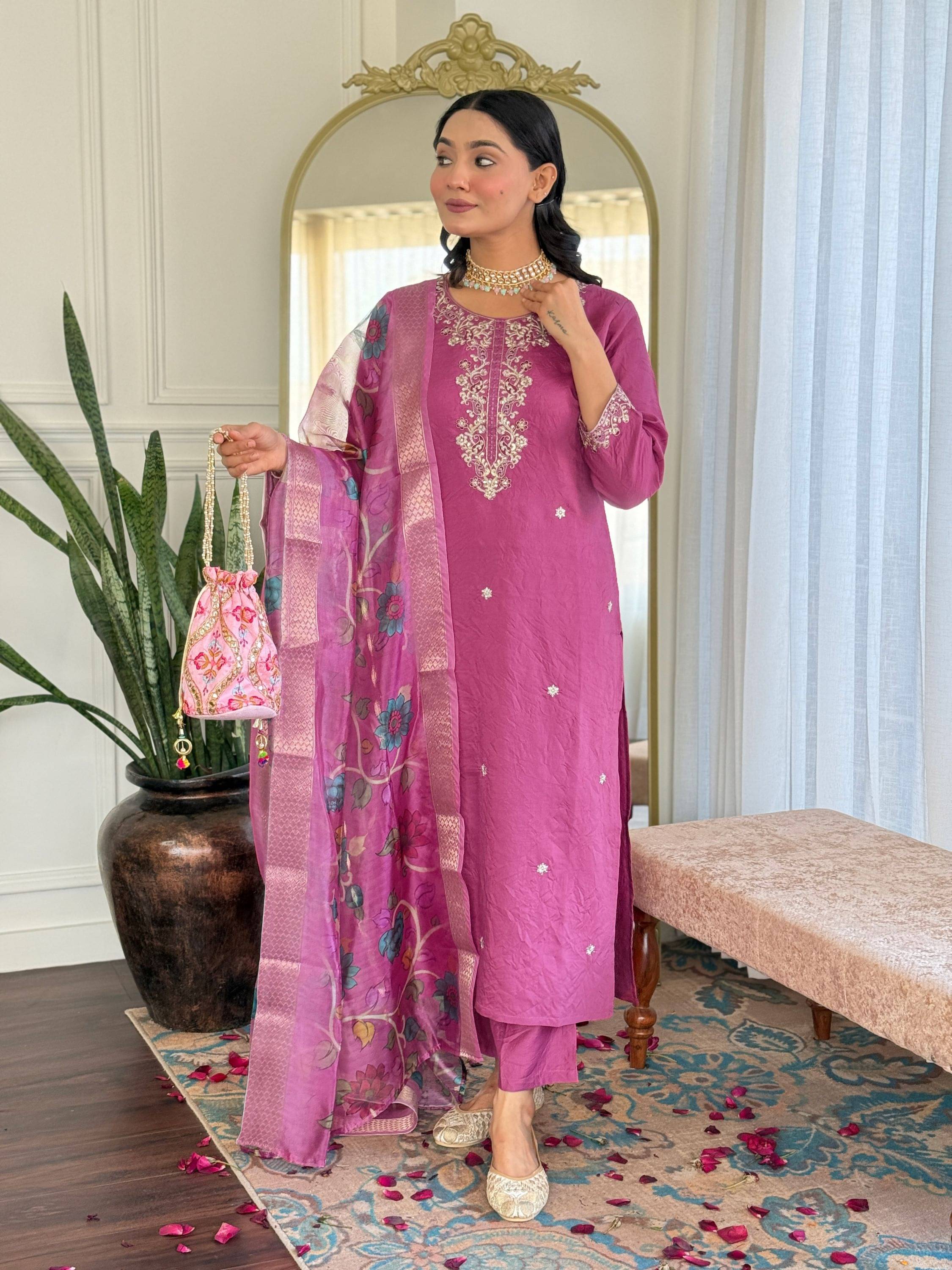     			Eeloo Viscose Embroidered Kurti With Pants Women's Stitched Salwar Suit - Pink ( Pack of 1 )