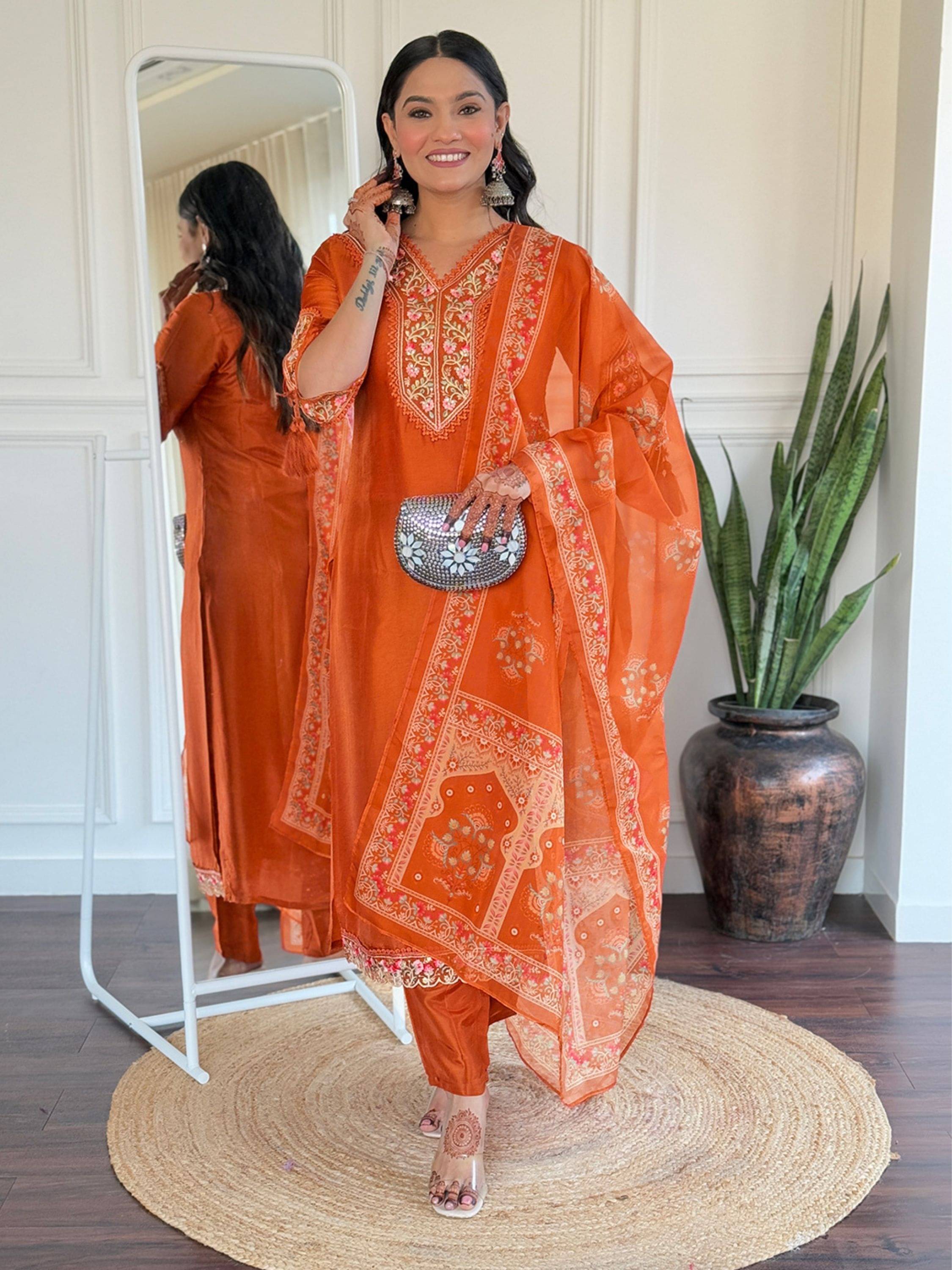 Eeloo Viscose Embroidered Kurti With Pants Women's Stitched Salwar Suit - Orange ( Pack of 1 ) Eeloo Viscose Embroidered Kurti With Pants Women's Stitched Salwar Suit - Orange ( Pack of 1 )