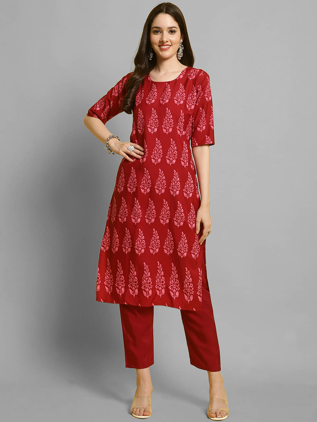     			Ethnicbasket Pack of 1 Crepe Printed Straight Women's Kurti - ( Red )