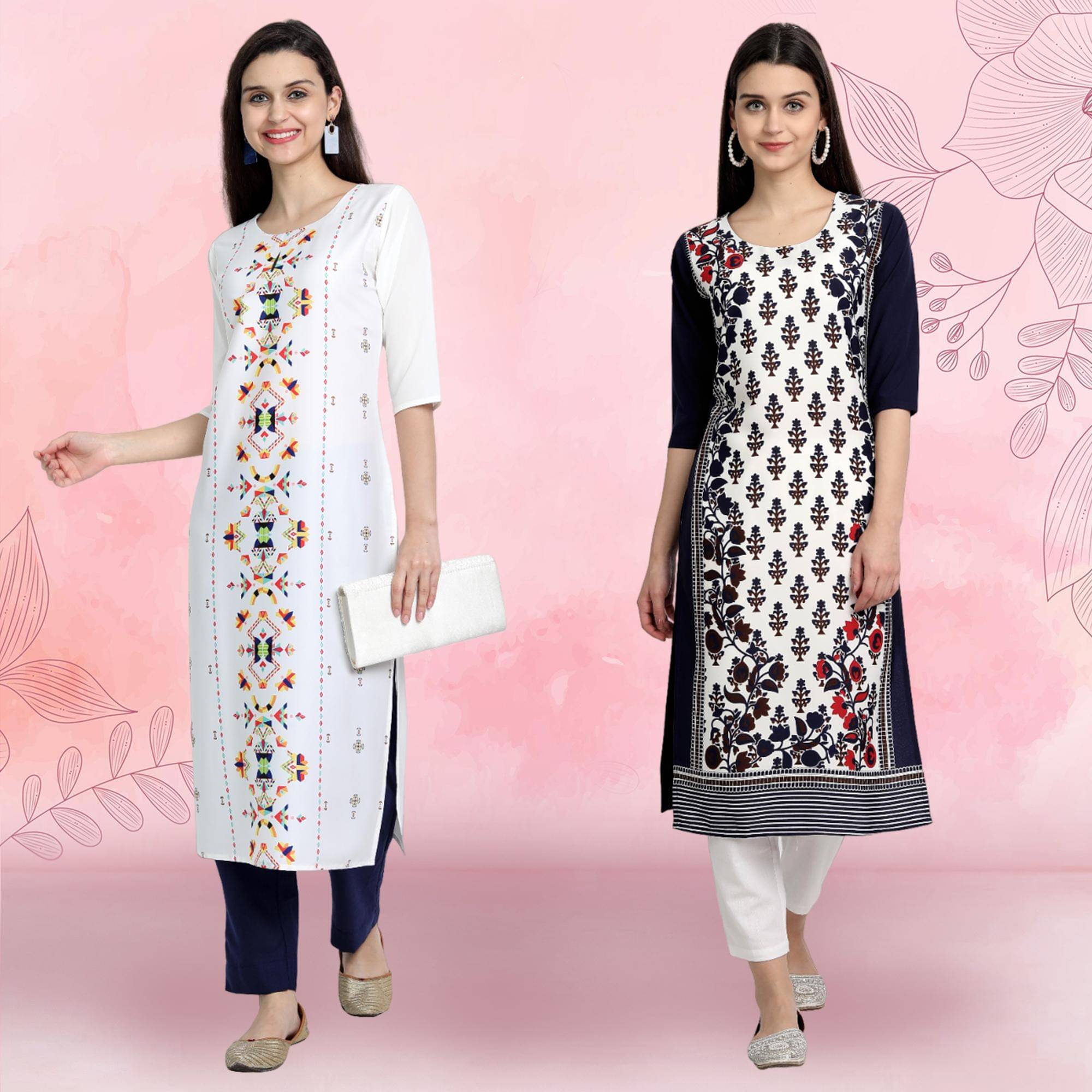 Ethnicbasket Pack of 2 Crepe Printed Straight Women's Kurti - ( Multicolor3 ) Ethnicbasket Pack of 2 Crepe Printed Straight Women's Kurti - ( Multicolor3 )