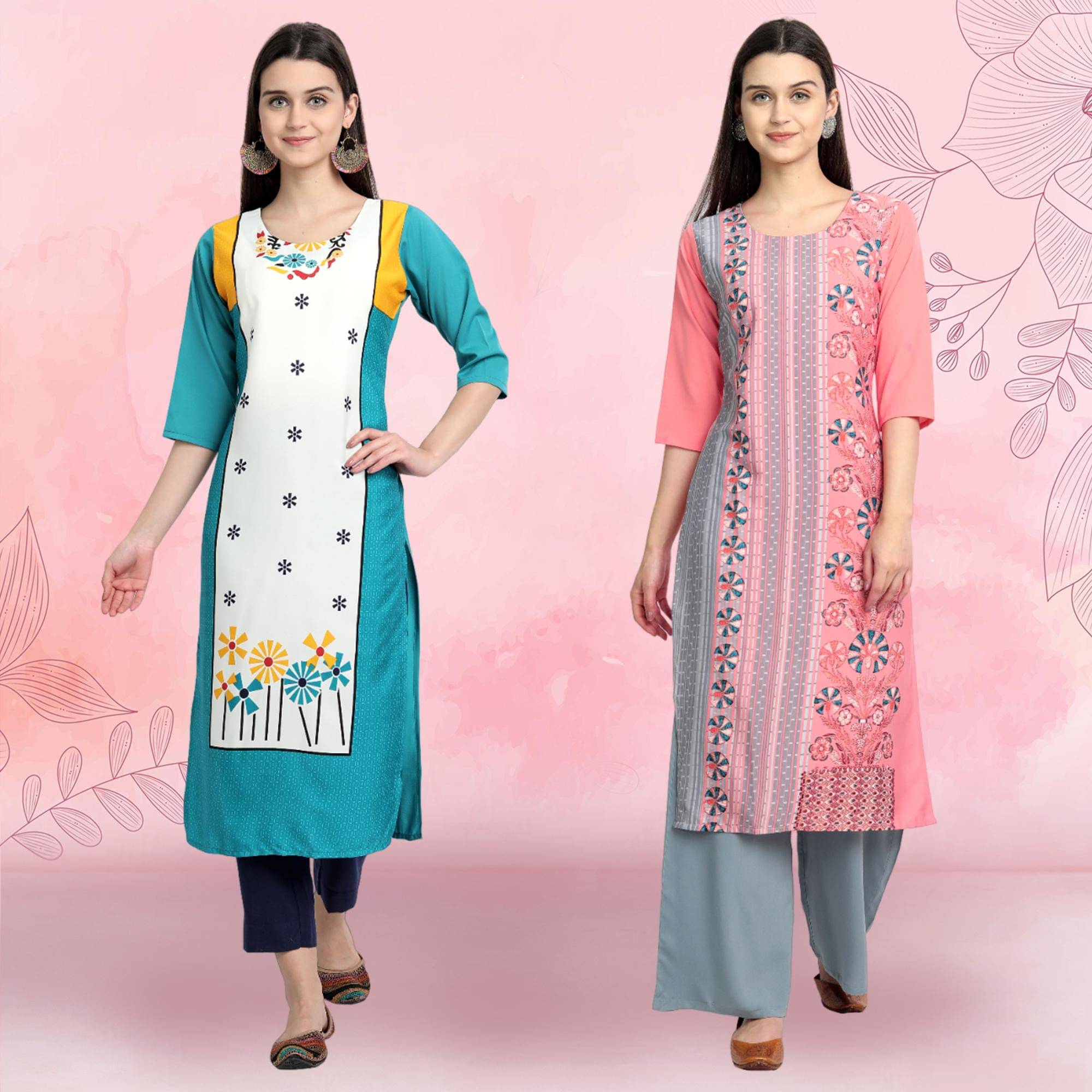 Ethnicbasket Pack of 2 Crepe Printed Straight Women's Kurti - ( Multicolor3 ) Ethnicbasket Pack of 2 Crepe Printed Straight Women's Kurti - ( Multicolor3 )