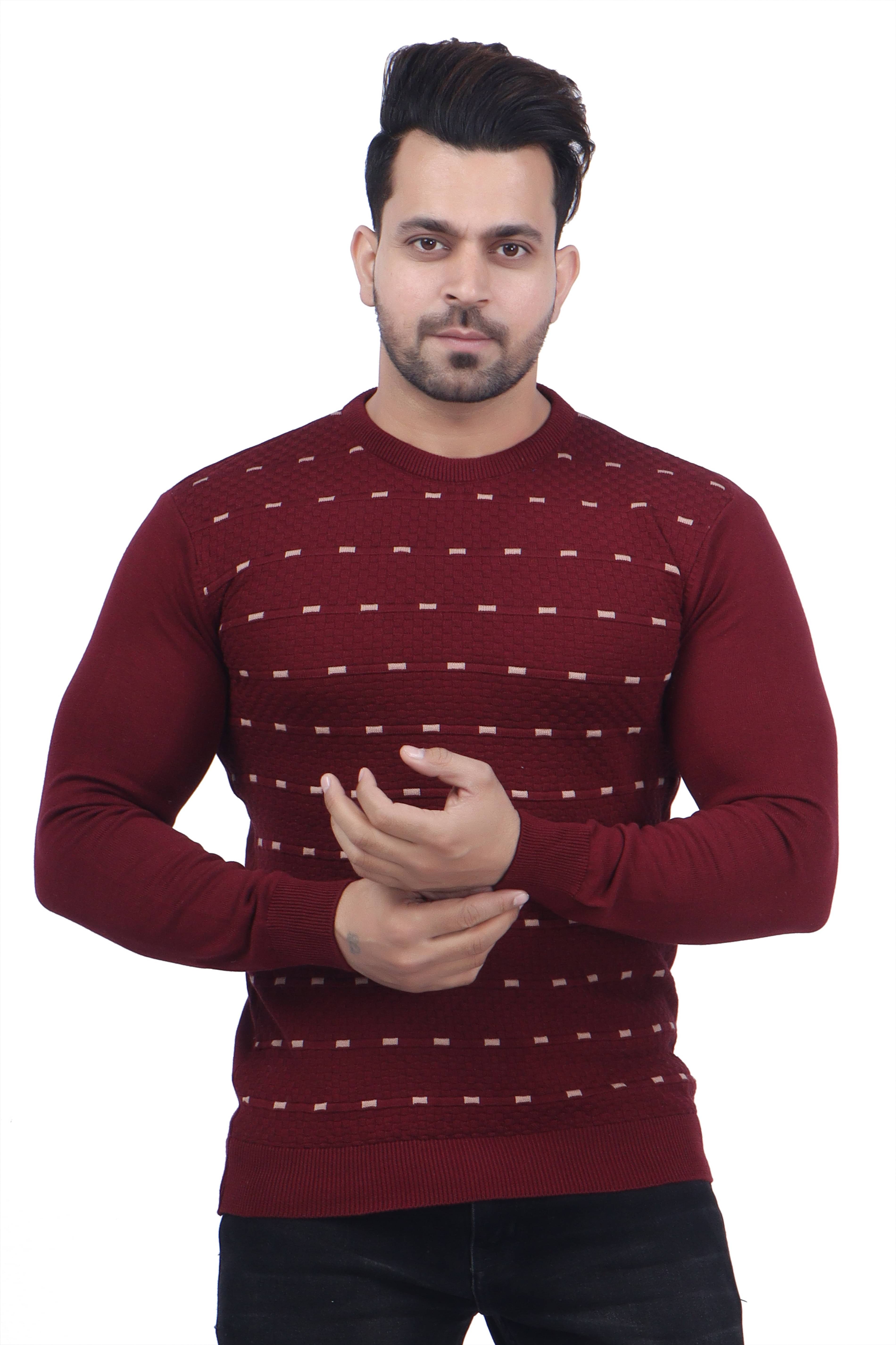 FEVERFEW Cotton Blend Round Neck Men's Full Sleeves Pullover Sweater - Maroon ( Pack of 1 )     			FEVERFEW Cotton Blend Round Neck Men's Full Sleeves Pullover Sweater - Maroon ( Pack of 1 )