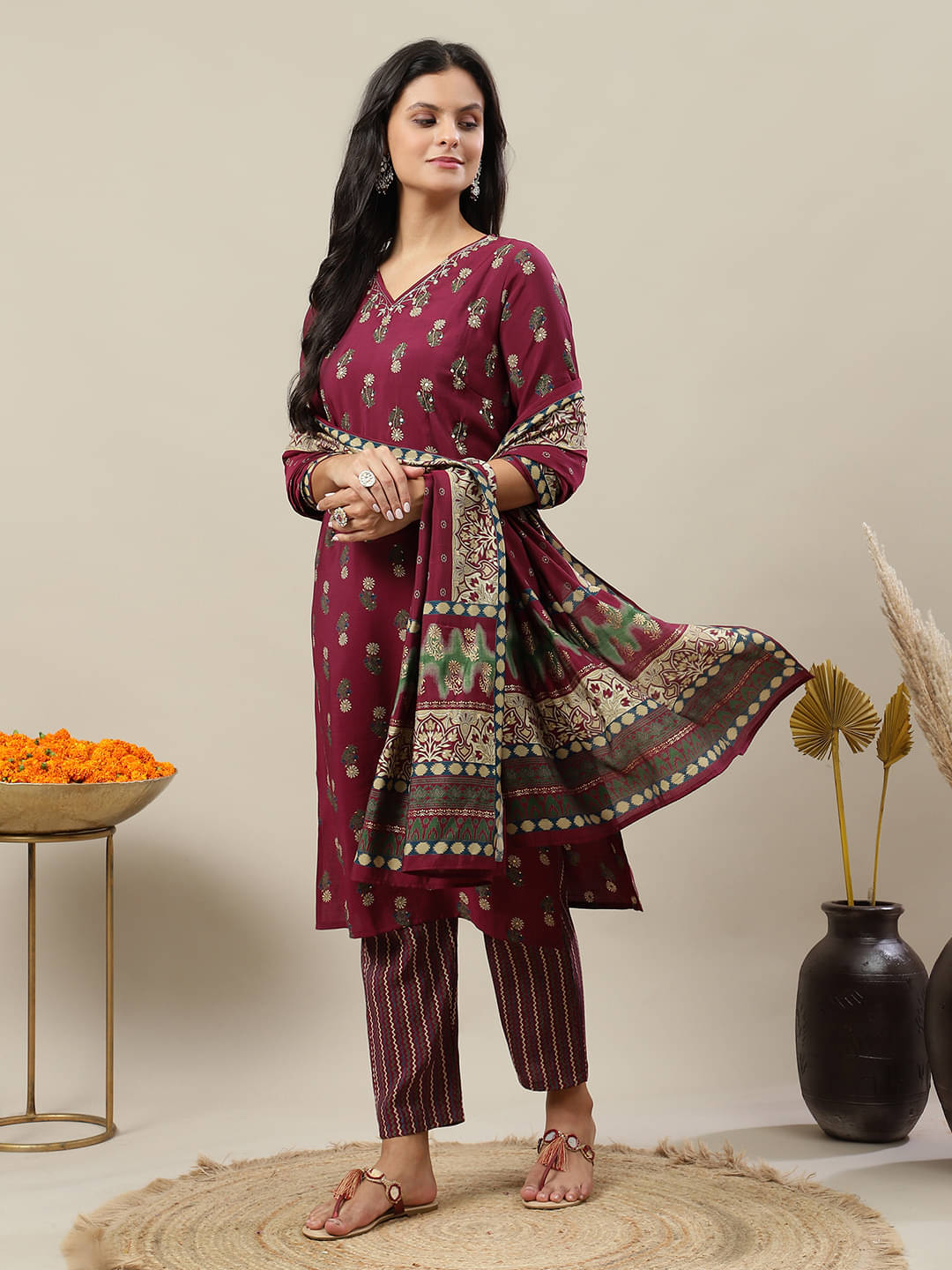     			Flamboyant Chanderi Printed Kurti With Pants Women's Stitched Salwar Suit - Wine ( Pack of 3 )