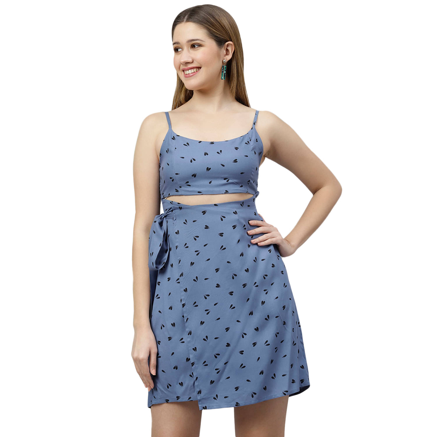     			Flamboyant Women Cotton Blend Printed Cut Out Dress ( Teal )