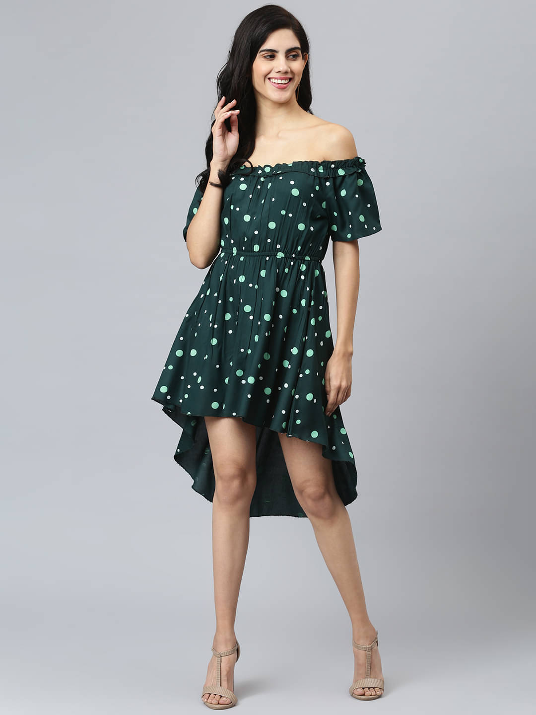    			Flamboyant Women Rayon Printed Asymmetric Dress ( Green )