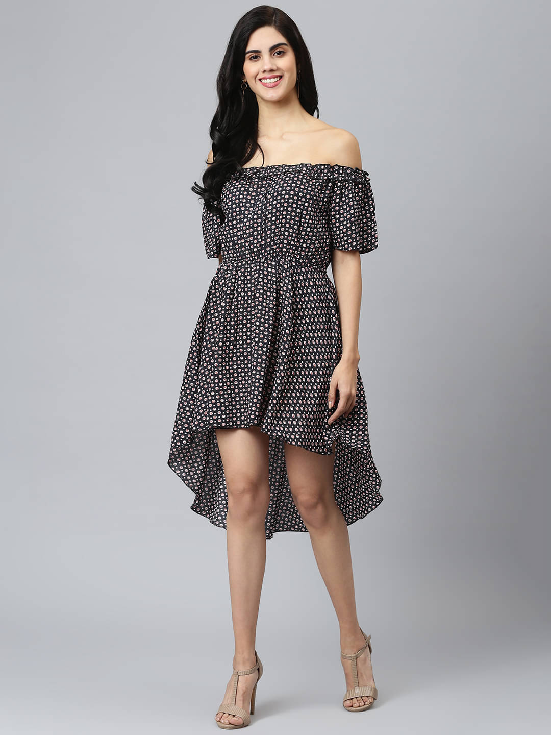     			Flamboyant Women Rayon Printed Asymmetric Dress ( Multicolor )