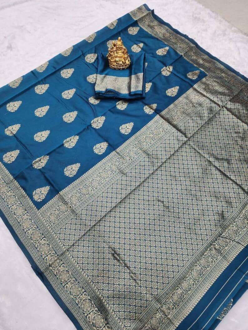 Gazal Fashions Banarasi Silk Embellished Saree With Unstitched Blouse Piece ( Rama ) - Sarees | Buy online on ZillyBuy