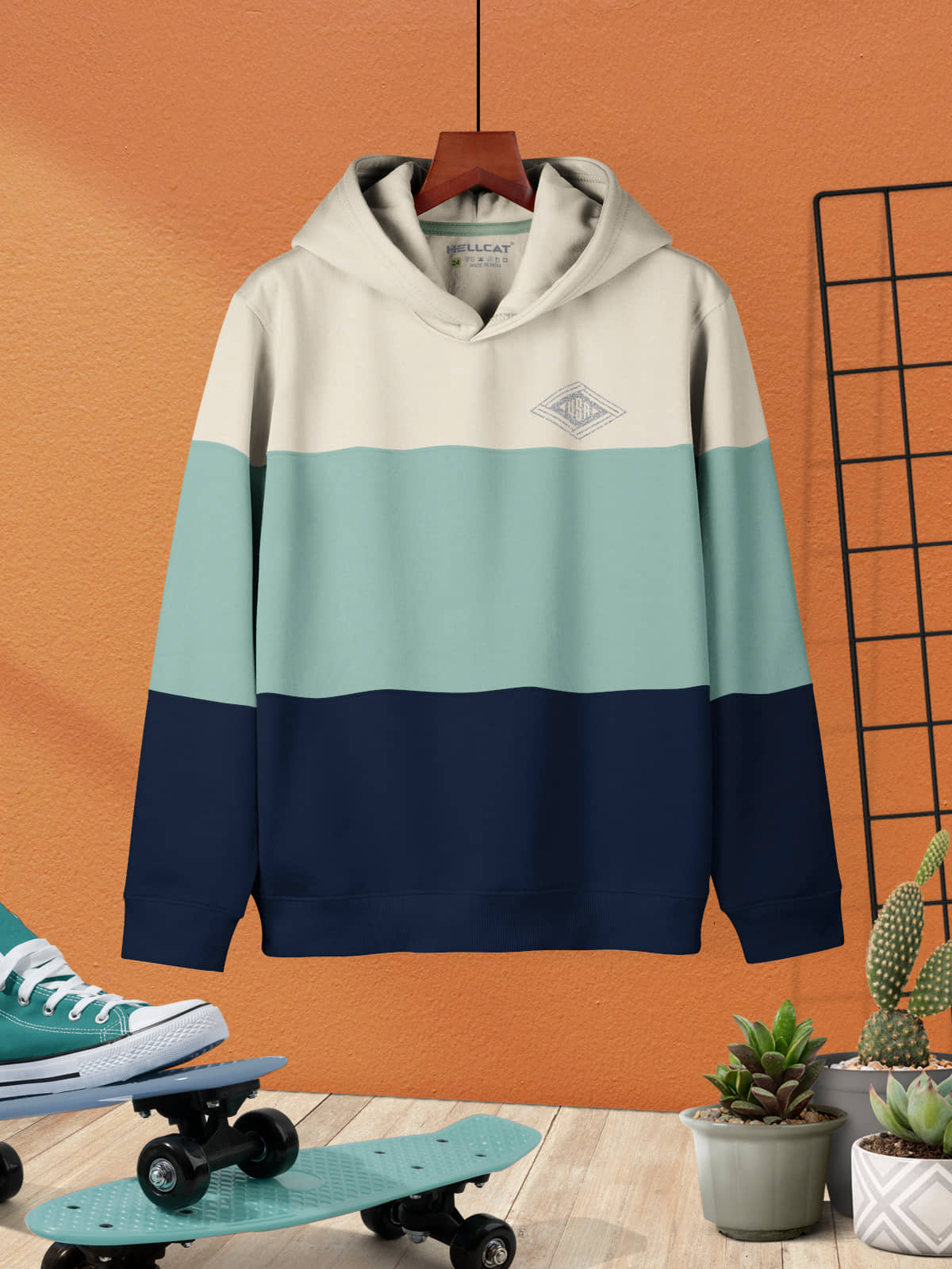 HELLCAT Trendy Printed Cotton Blend Hoodie Sweatshirt for Boys_Sea Green