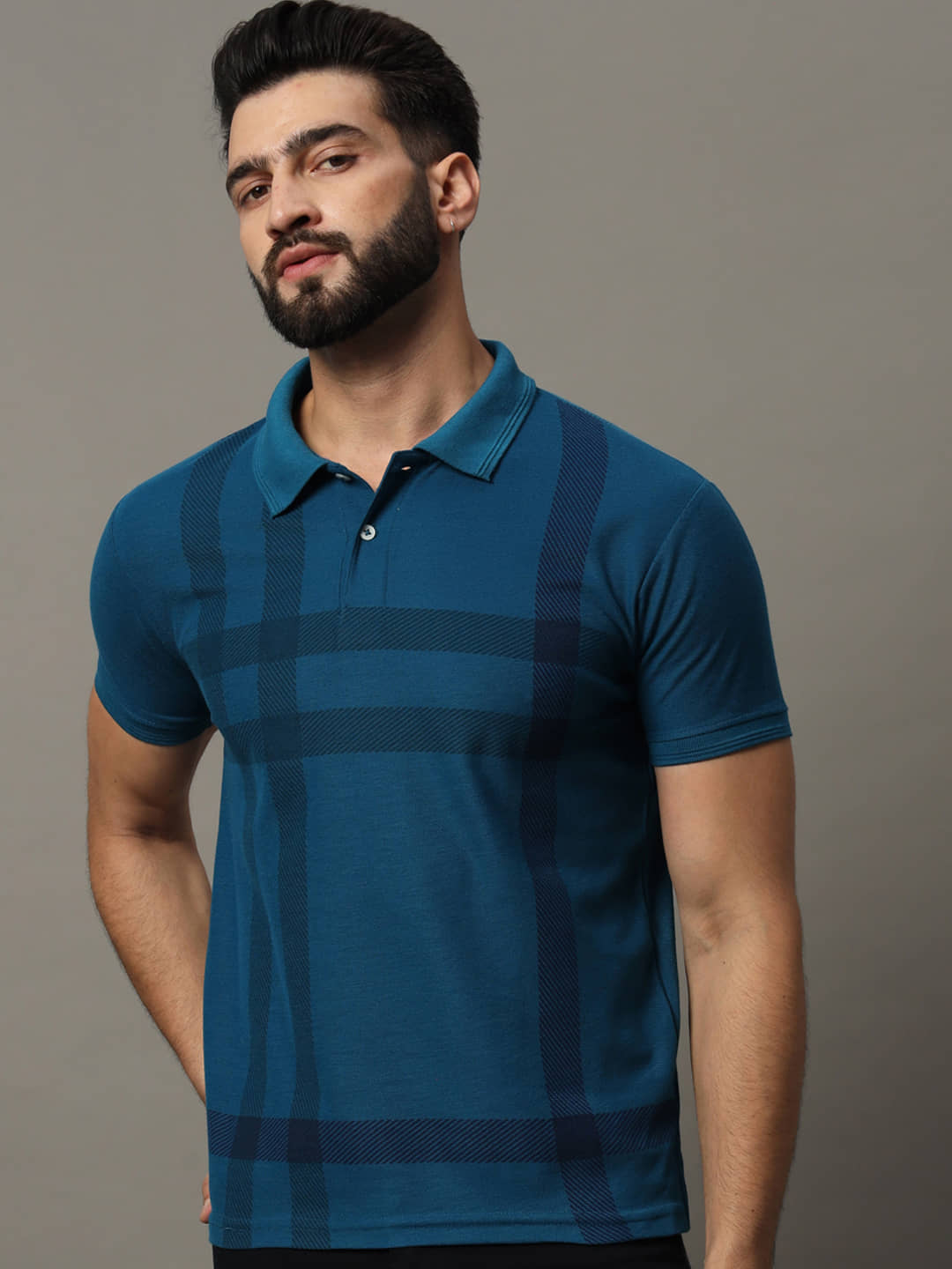 Hushbucks Pack of 1 Cotton Blend Regular Fit Checks Half Sleeves Men's Polo T Shirt ( Teal Blue )