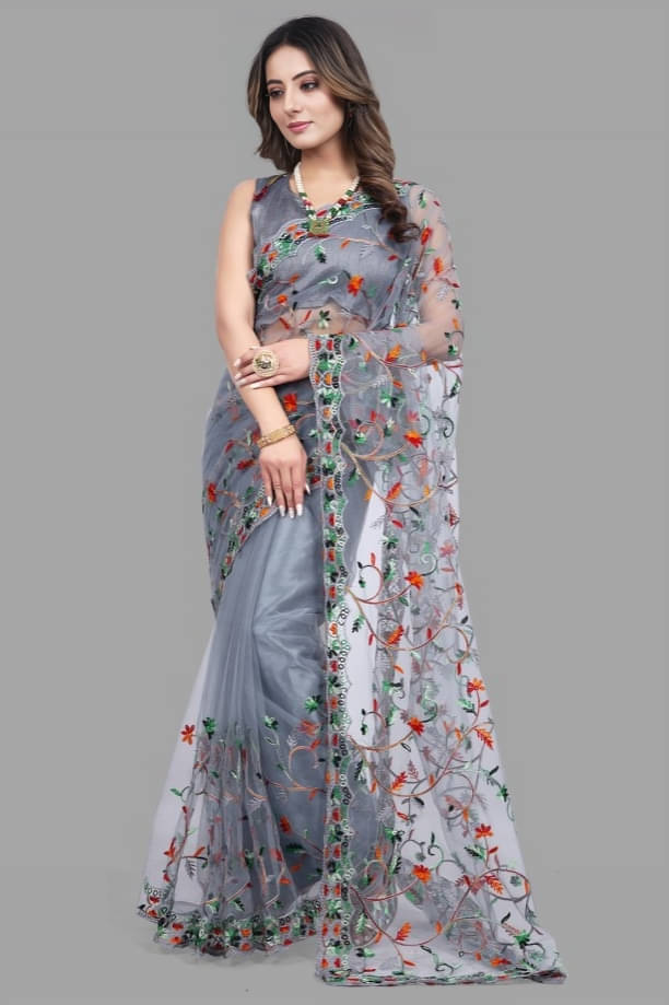 JULEE Net Embroidered Saree With Unstitched Blouse Piece ( Grey ) JULEE Net Embroidered Saree With Unstitched Blouse Piece ( Grey )