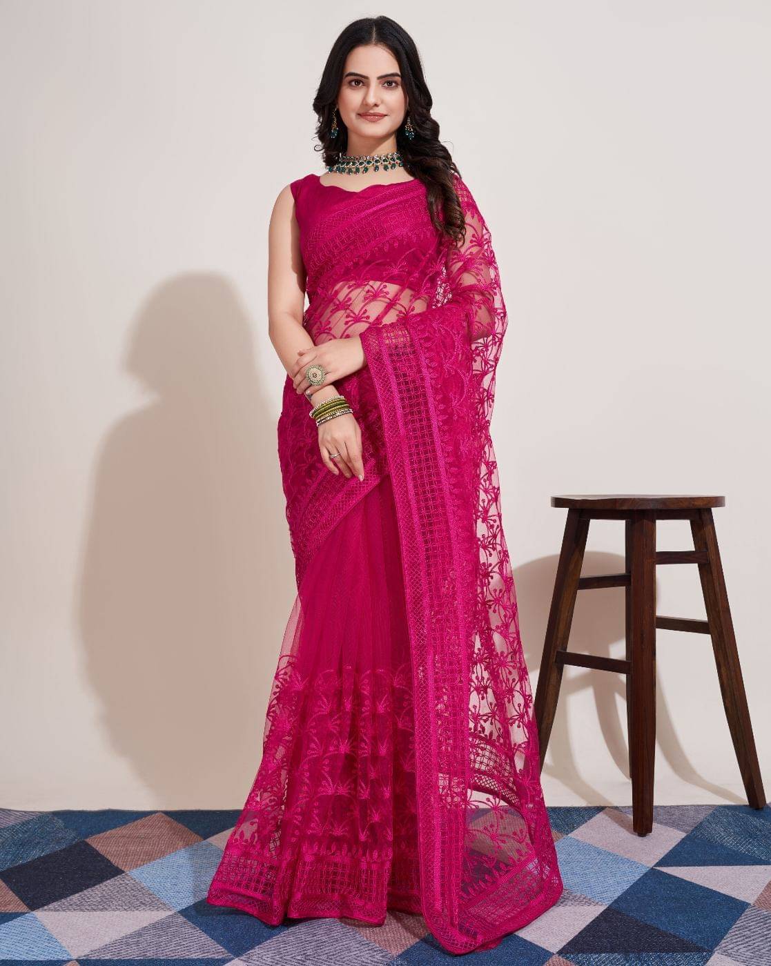     			JULEE Net Embroidered Saree With Unstitched Blouse Piece ( Rani )