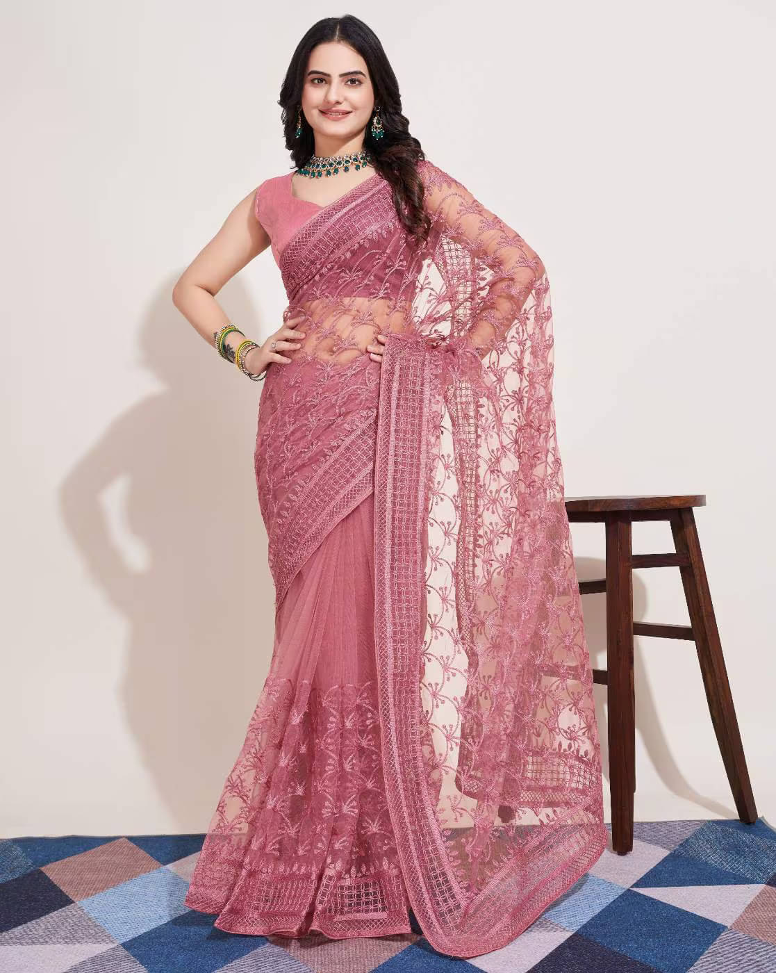 JULEE Net Embroidered Saree With Unstitched Blouse Piece ( Peach ) JULEE Net Embroidered Saree With Unstitched Blouse Piece ( Peach )
