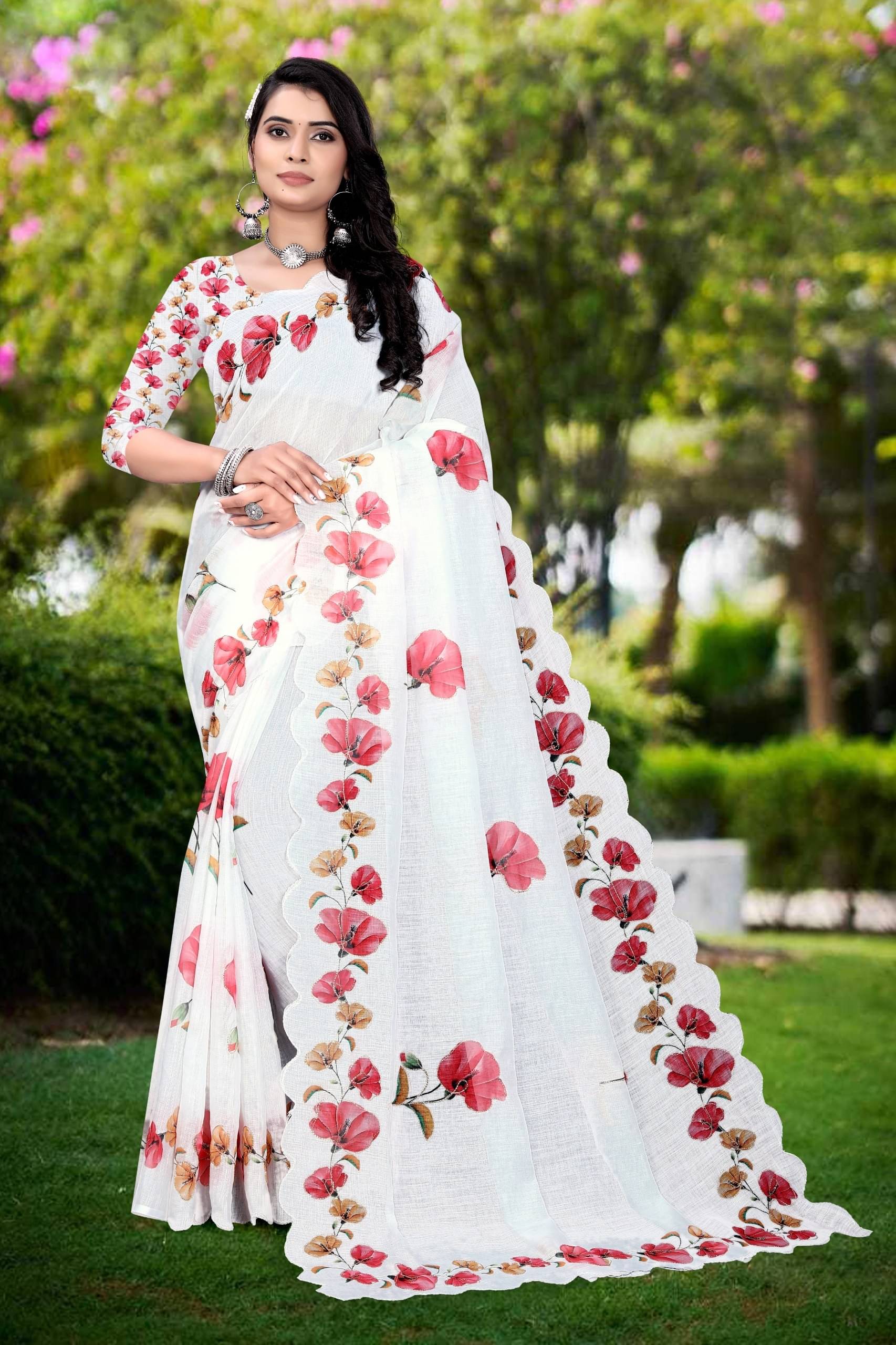 Kalpana Creation Linen Printed Saree With Unstitched Blouse Piece ( White ) Kalpana Creation Linen Printed Saree With Unstitched Blouse Piece ( White )