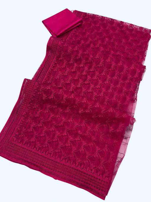     			Lady Net Embroidered Saree With Unstitched Blouse Piece ( Rani )