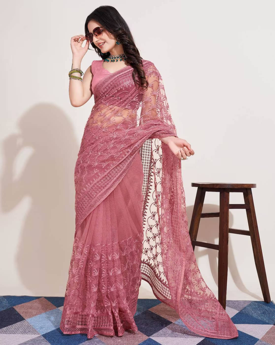 Lady Net Embroidered Saree With Unstitched Blouse Piece ( Peach ) Lady Net Embroidered Saree With Unstitched Blouse Piece ( Peach )