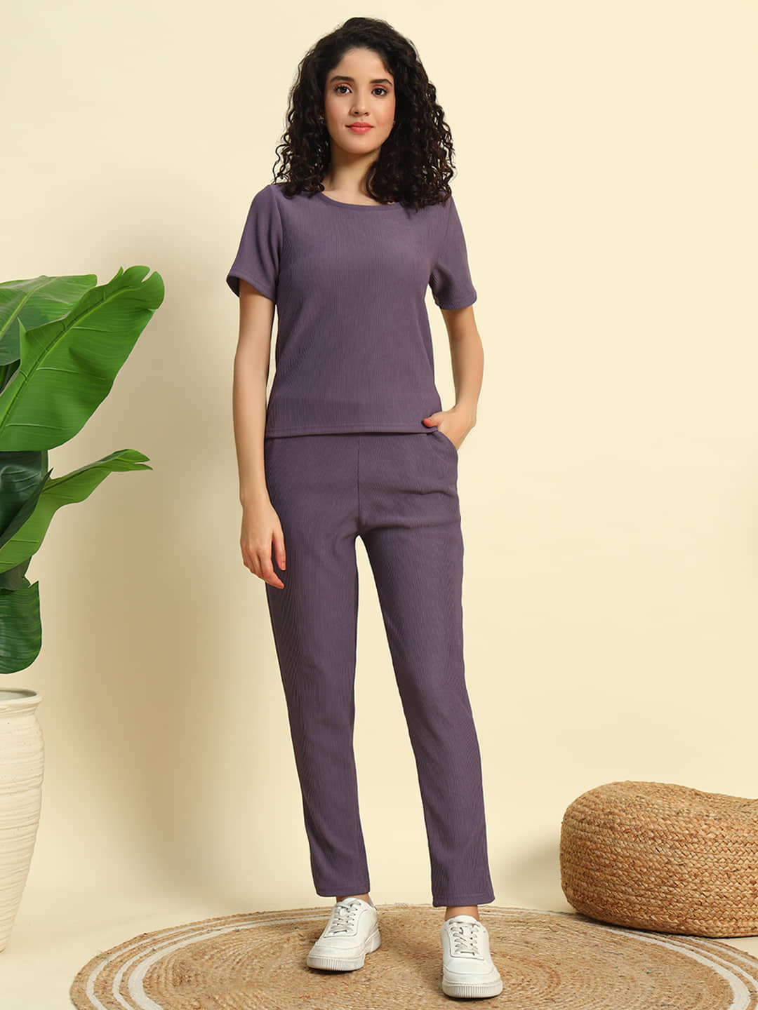 Leewan Women Self Design T-Shirt With Trousers Co-Ord Set ( Lavender )