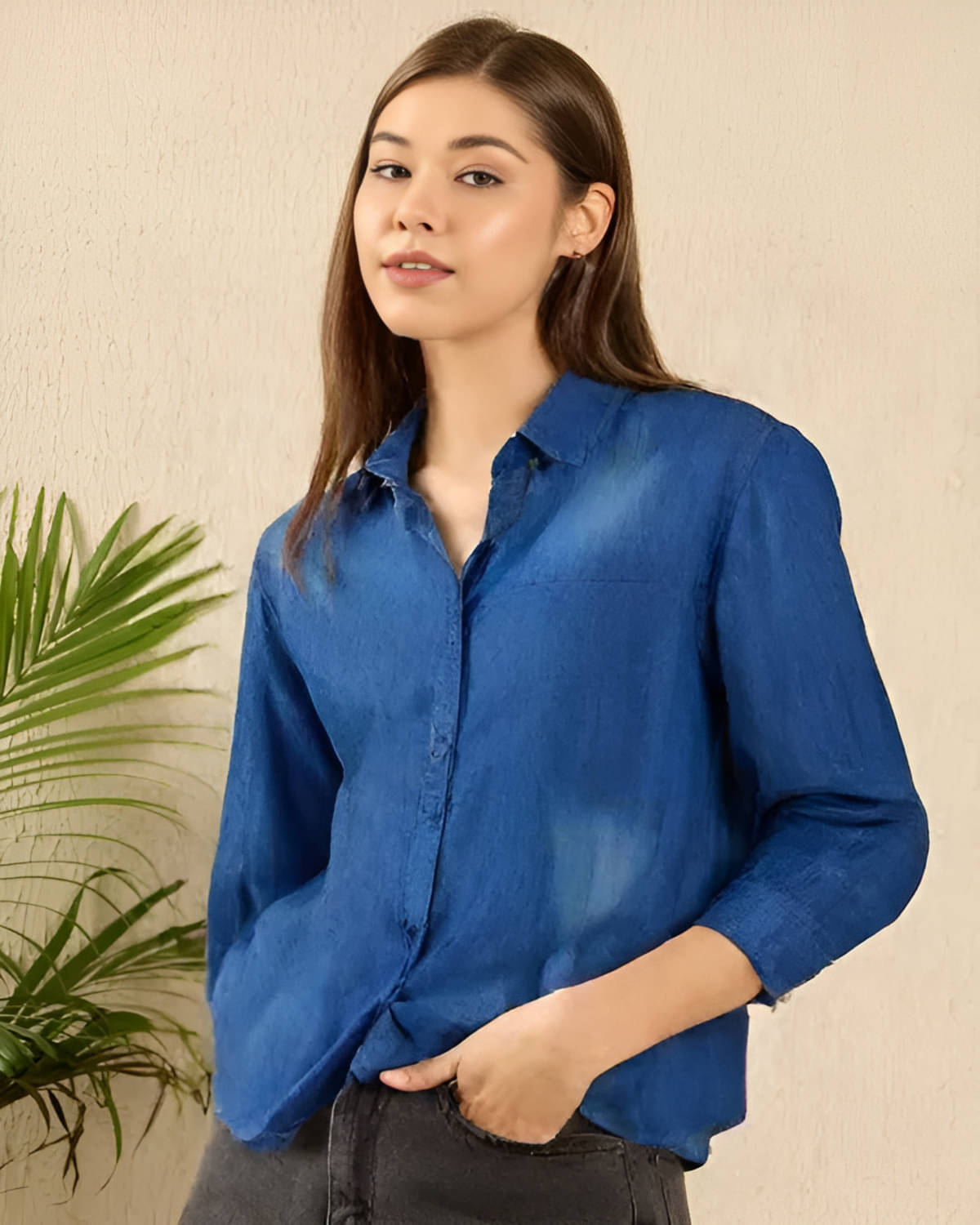     			MAYKR Women Solid Denim Shirt ( Blue )