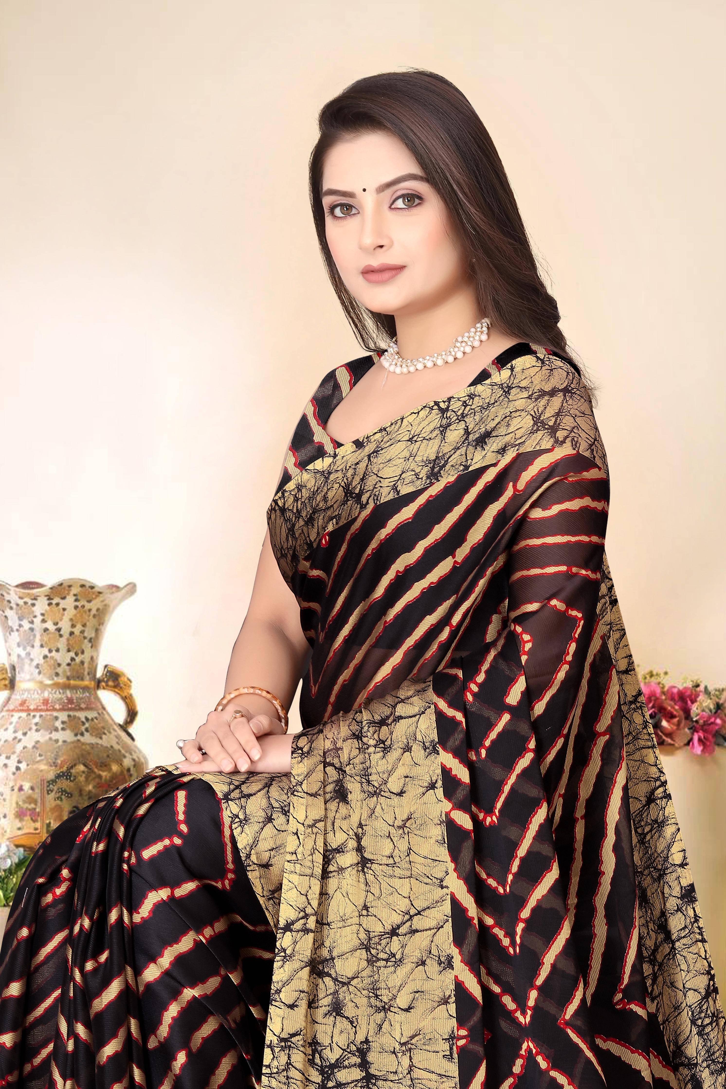 Magneitta Chiffon Printed Saree With Unstitched Blouse Piece ( Brown )     			Magneitta Chiffon Printed Saree With Unstitched Blouse Piece ( Brown )