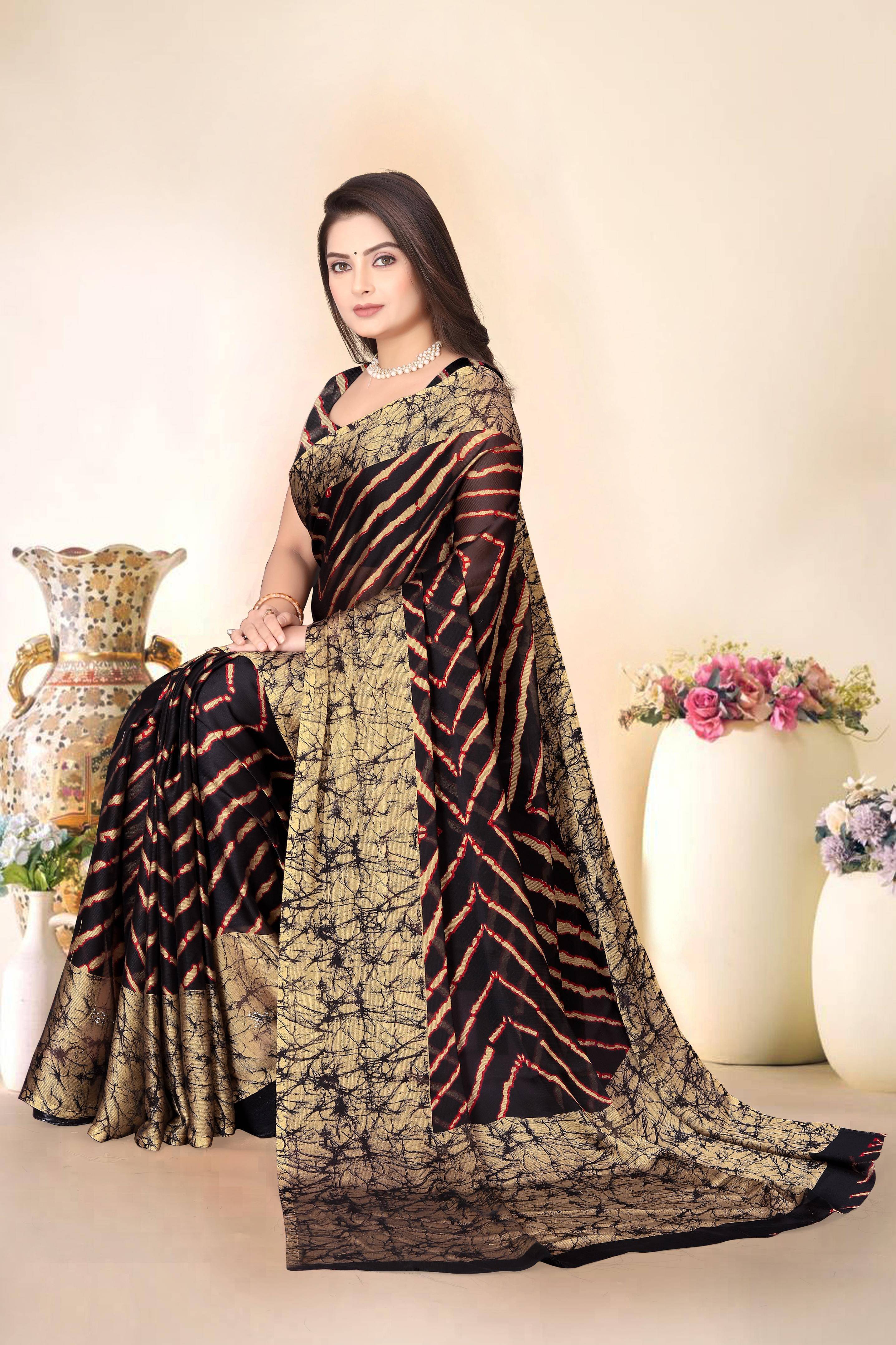 Magneitta Chiffon Printed Saree With Unstitched Blouse Piece ( Brown ) Magneitta Chiffon Printed Saree With Unstitched Blouse Piece ( Brown )